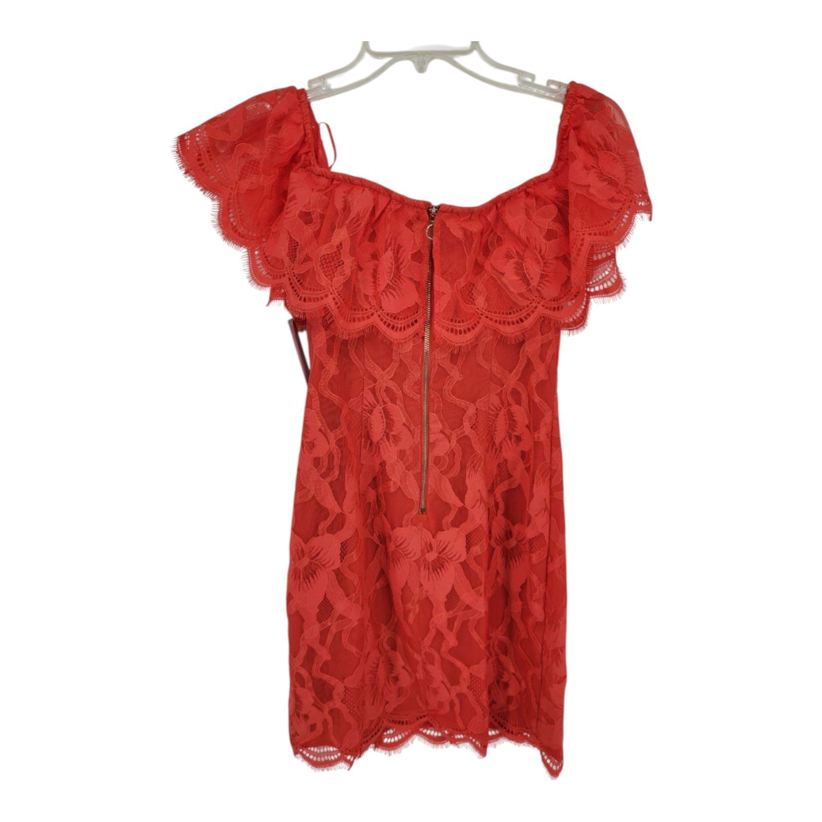 GUESS Women's Francine Off Shoulder Dress Red Lace Ruffle Hem Size 2