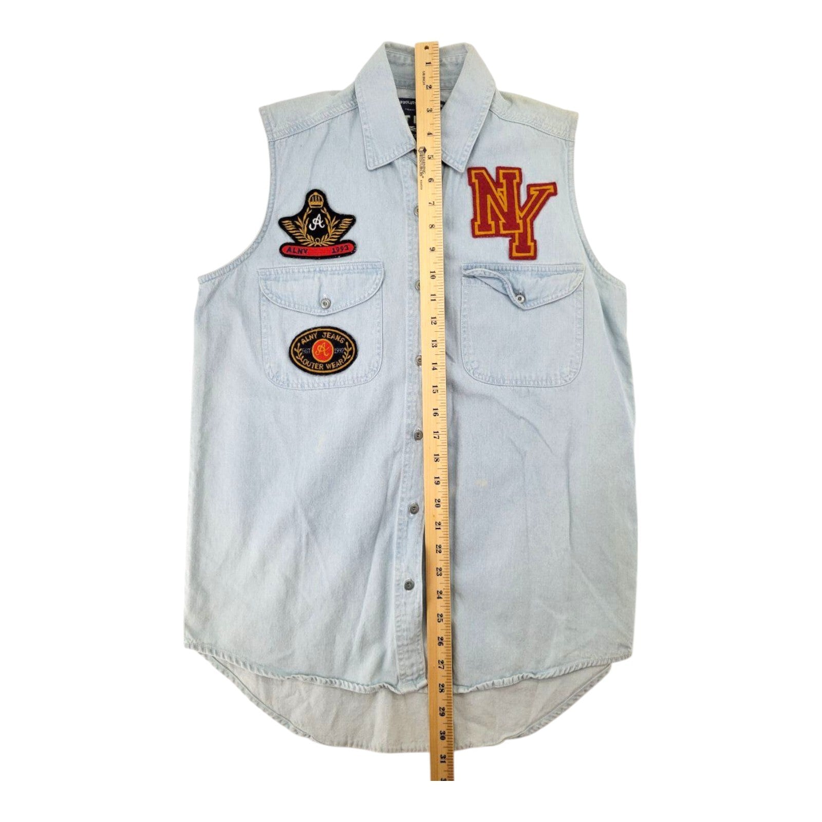 At Last ALNY Jeans NY Patch Denim Sleeveless Button Shirt Size M