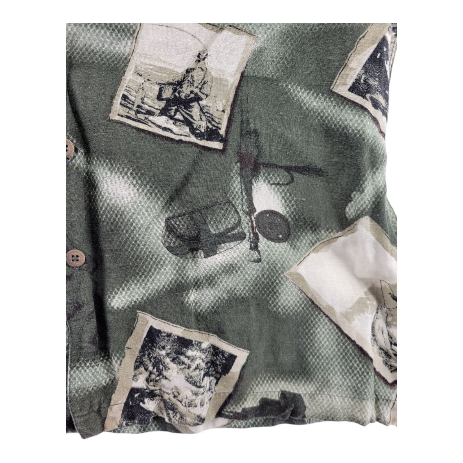 Field & Stream Fishing Print Button Front Shirt Green Linen Blend Men's M