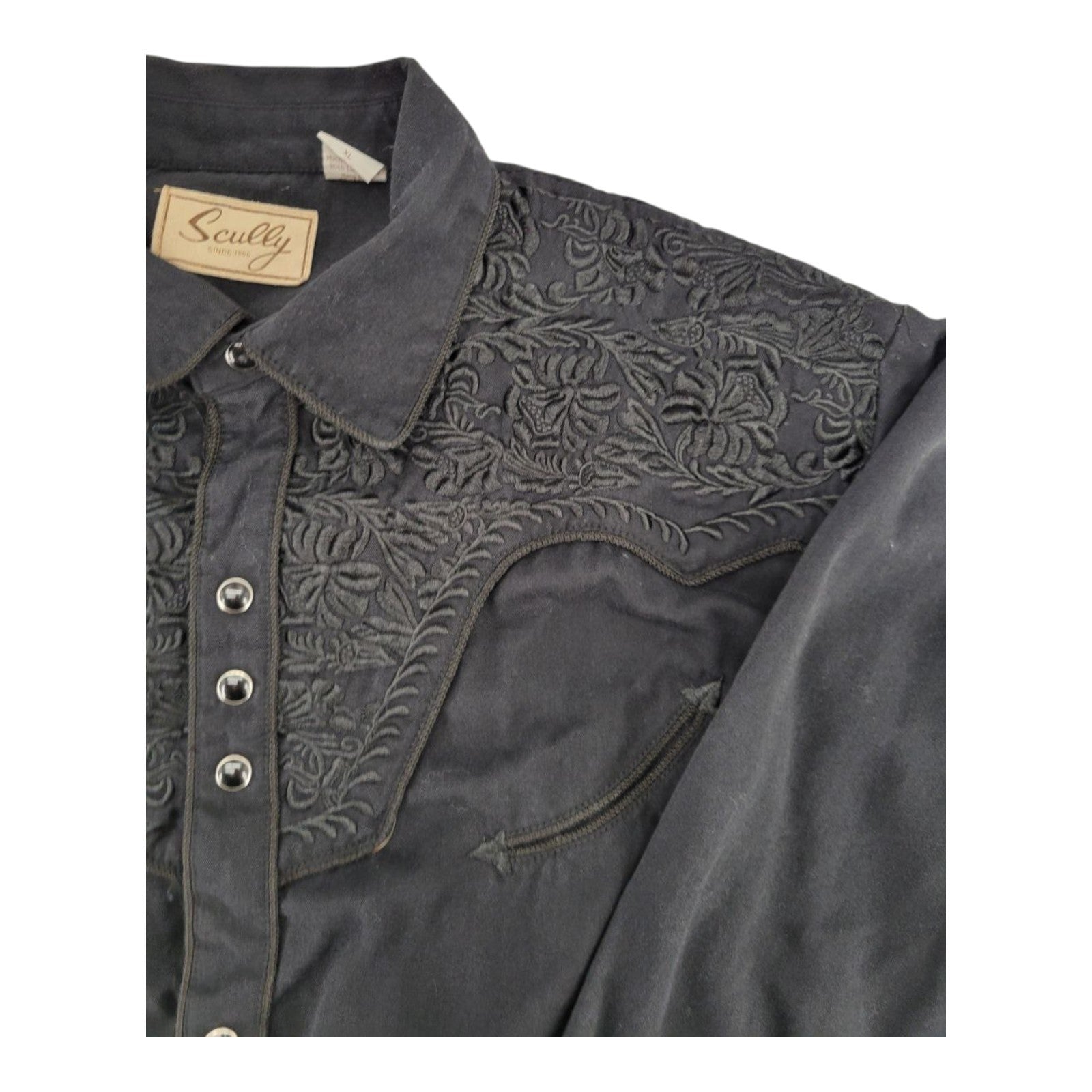 Scully Men's Western Shirt Black XL Embroidered Pearl Snaps Long Sleeve