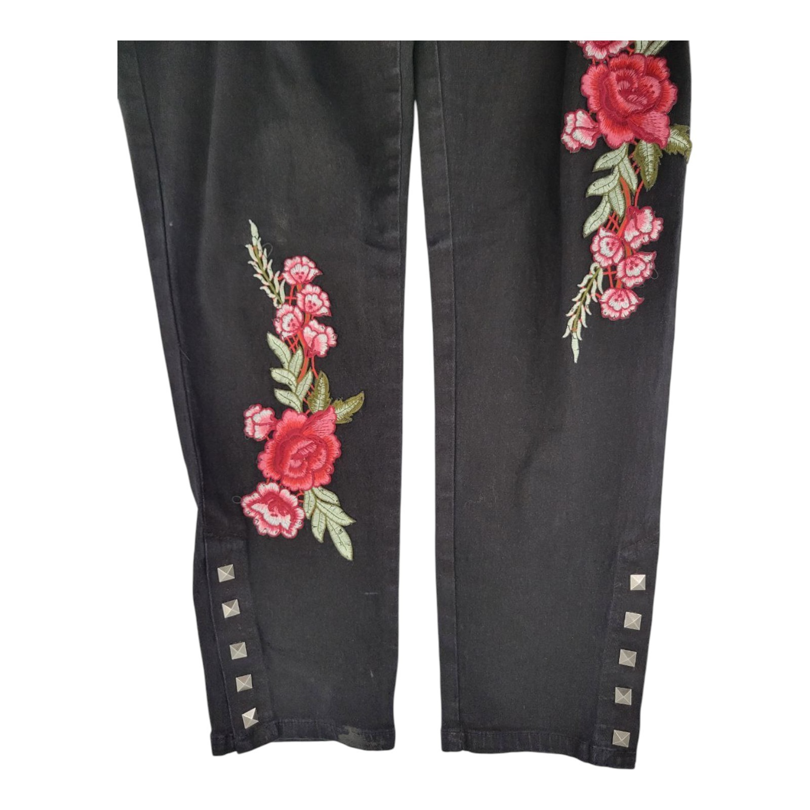 DG2 by Diane Gilman Black Skinny Jeans Size 14 Floral Embroidered Studded Hem