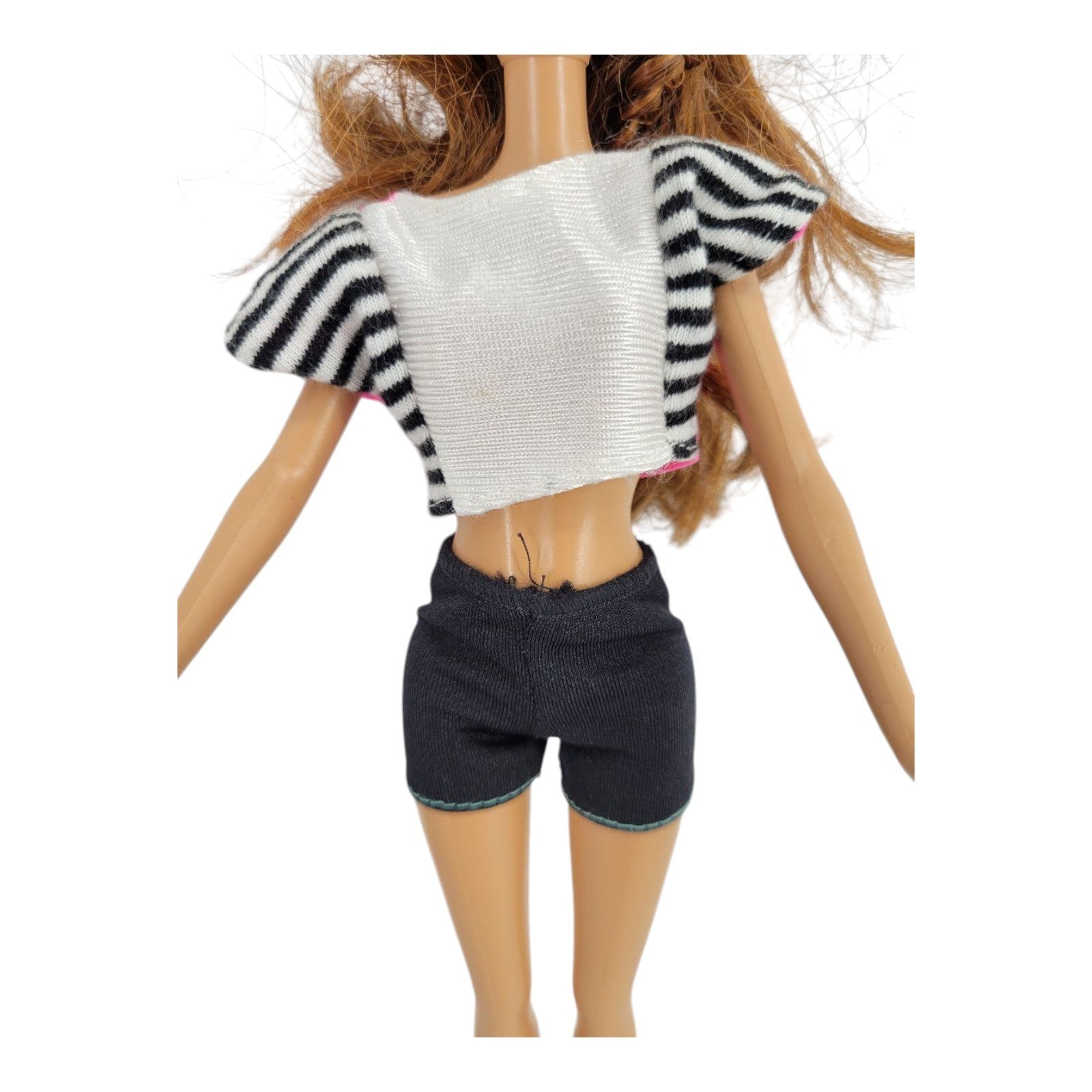 Barbie Doll Brunette Green Eyes Pink & Striped Top Black Shorts Outfit