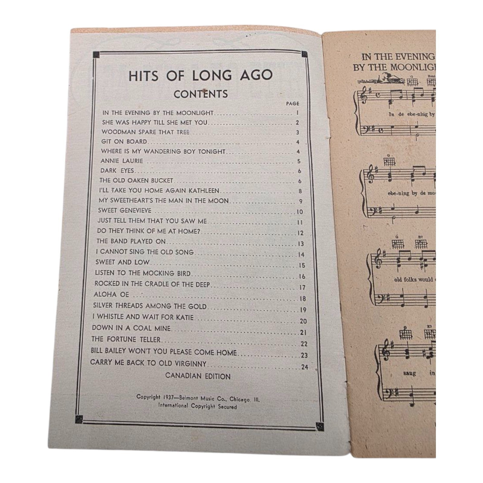 Hits of Long Ago 1937 Belmont Music Company Vintage Music Songbook