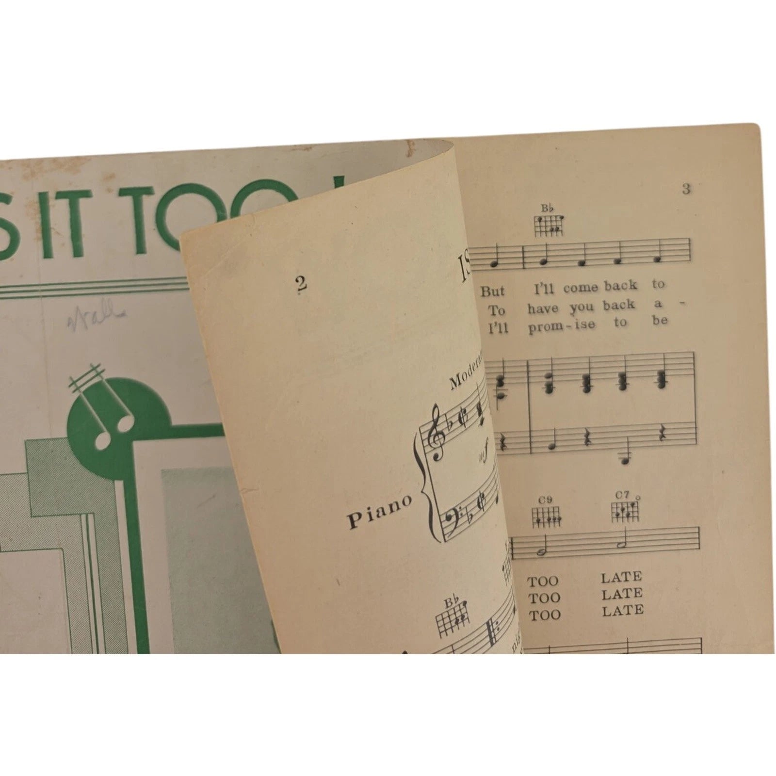 Is It Too Late Now Words and Music by Jimmie Davis 1944 Vintage Sheet Music