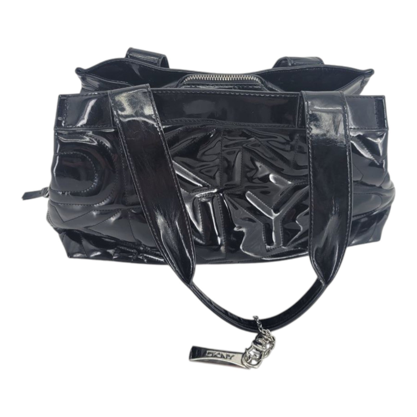 DKNY Black Patent Leather Logo Satchel Shoulder Bag Handbag Purse