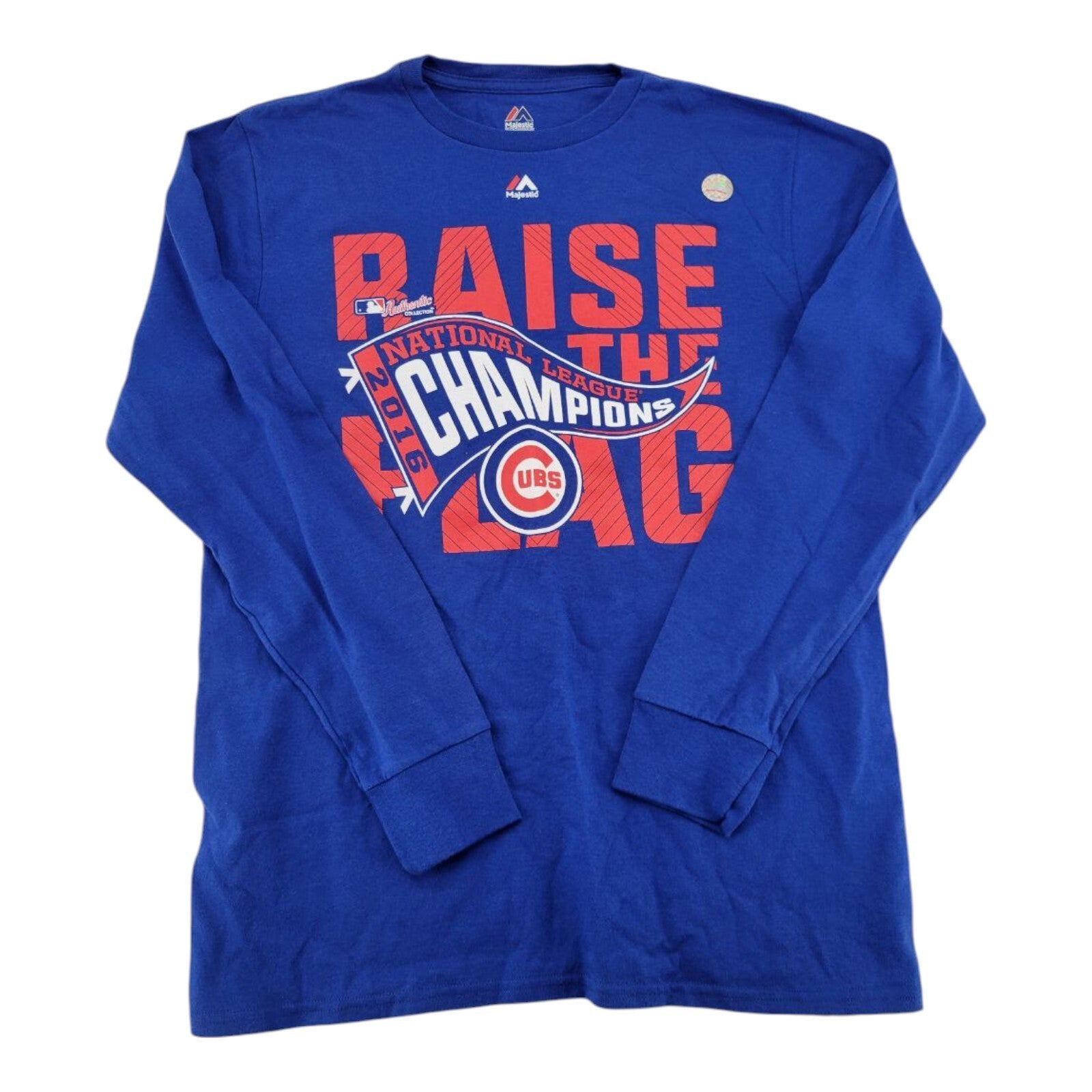 Majestic Cubs 2016 Champions Raise the Flag Long Sleeve Shirt Blue Size M