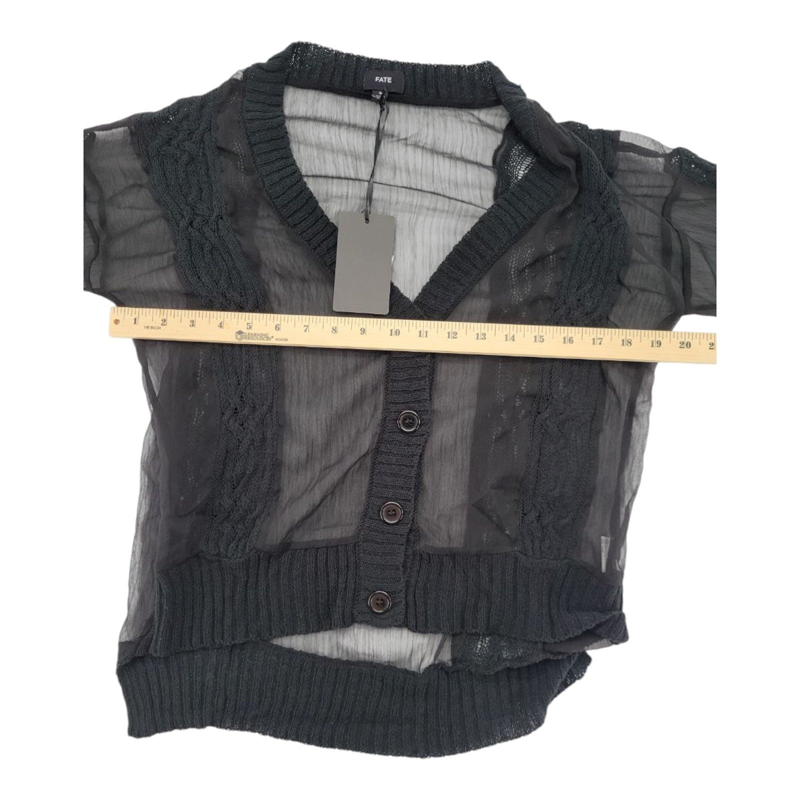FATE Women's Sheer Black Knit Cardigan Sweater M Button Front Long Sleeve