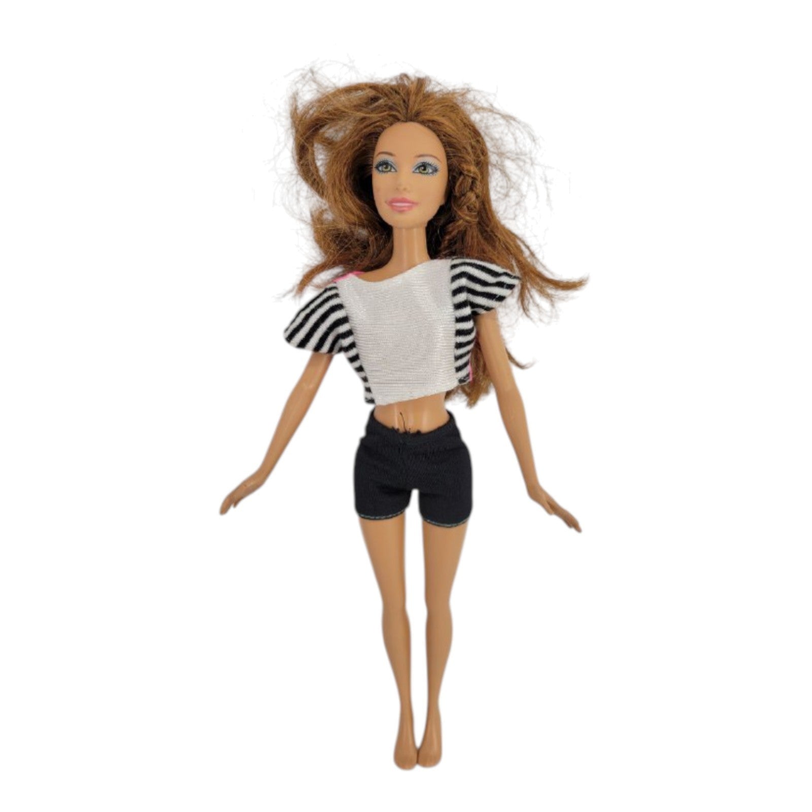 Barbie Doll Brunette Green Eyes Pink & Striped Top Black Shorts Outfit
