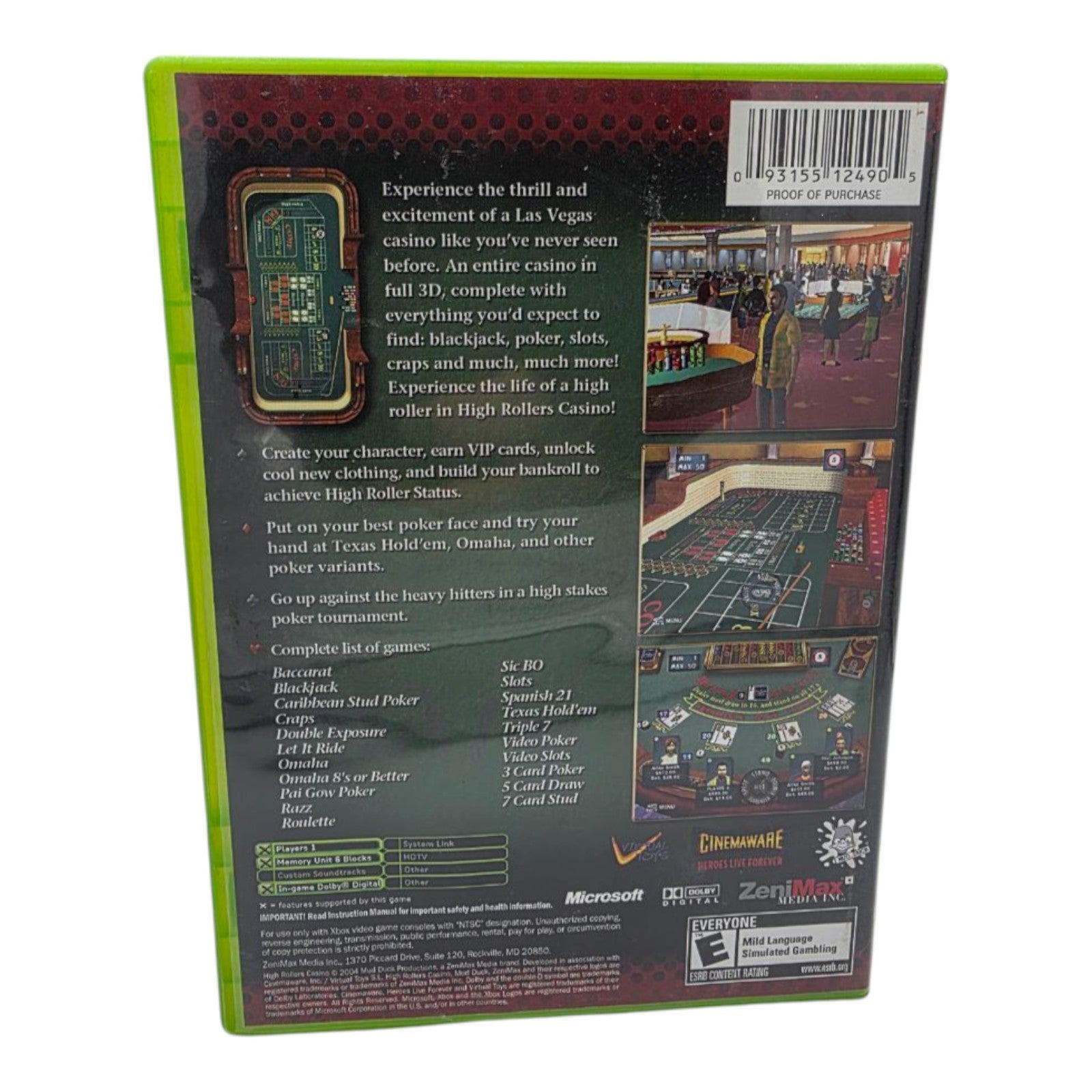 High Rollers Casino Microsoft Xbox 2004 Gambling Video Game Tested No Manual