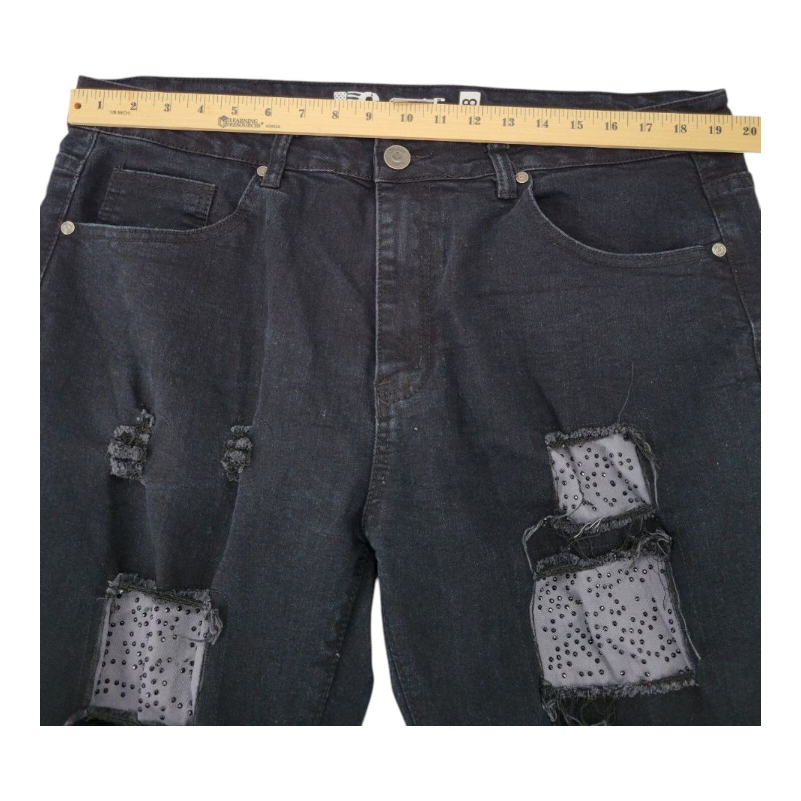 GS115 Black Distressed Denim Jeans Neon Patchwork Stud Detail Mens Size 38