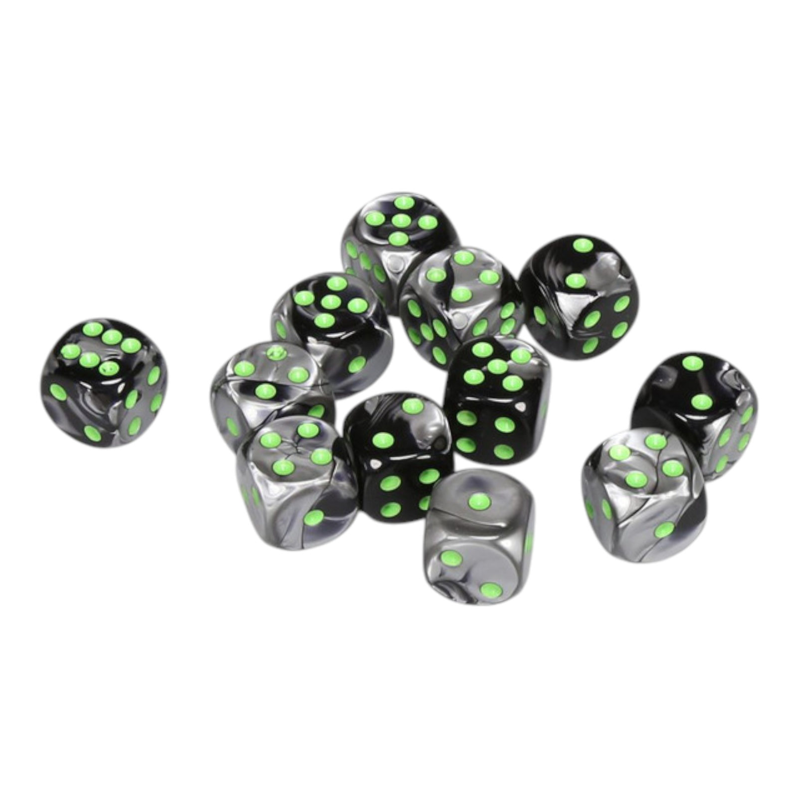Chessex Gemini 16mm d6 Dice Set Black Grey with Green Pips CHX 26645