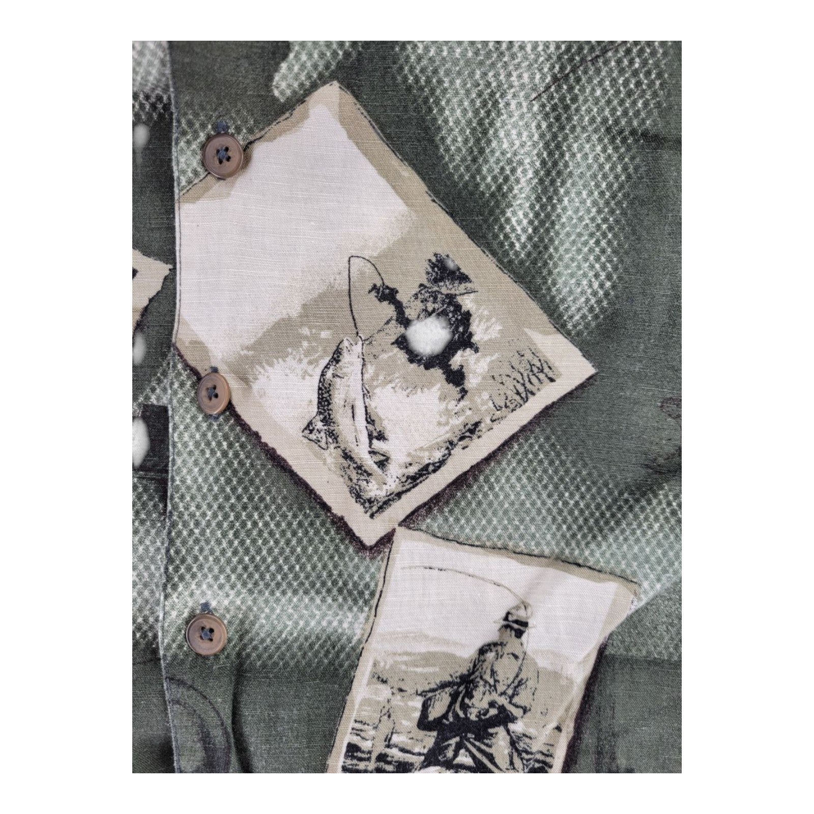 Field & Stream Fishing Print Button Front Shirt Green Linen Blend Men's M