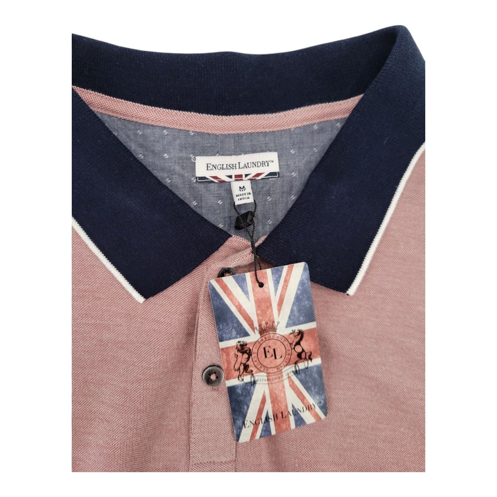 English Laundry Desert Rose Pink Navy Collar Polo Shirt Mens Medium