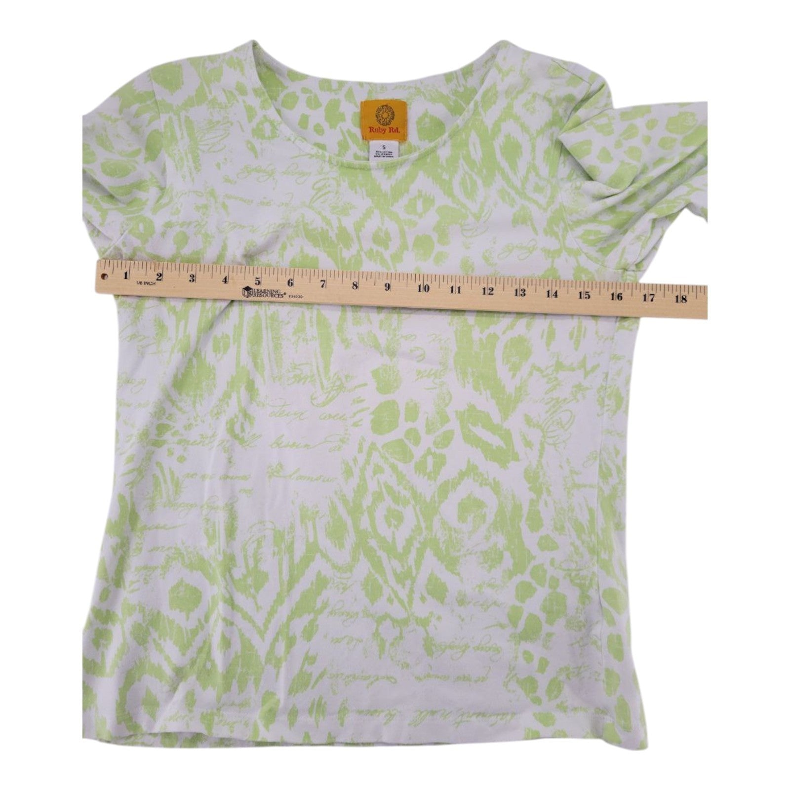 Ruby Rd Lime Green White Abstract Print 3/4 Sleeve Stretch Womens Top Small