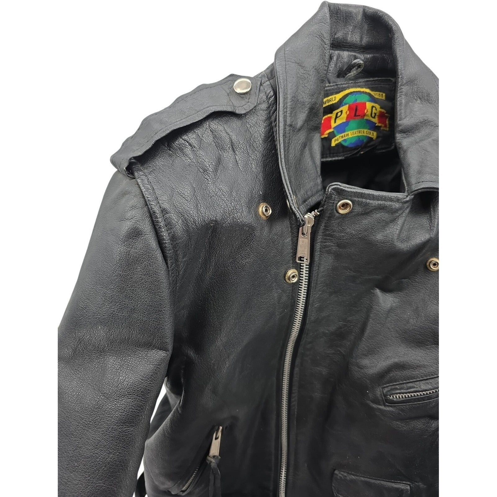 Putnam Leather Gold Motorcycle Jacket Mens 42 / M Biker Vintage Black Moto PLG