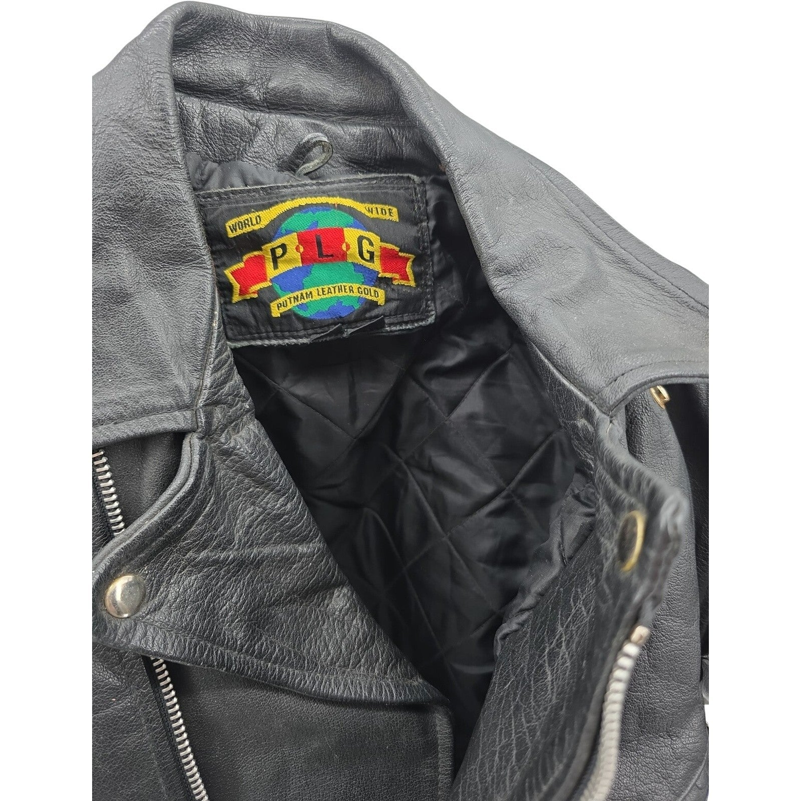 Putnam Leather Gold Motorcycle Jacket Mens 42 / M Biker Vintage Black Moto PLG