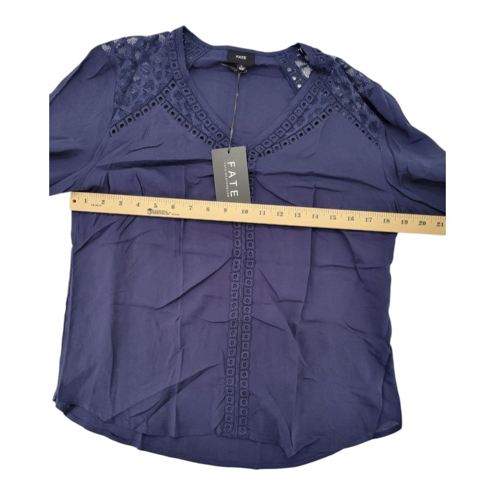 FATE Women's Navy Blouse Large 3/4 Sleeve Top Crochet Lace Trim