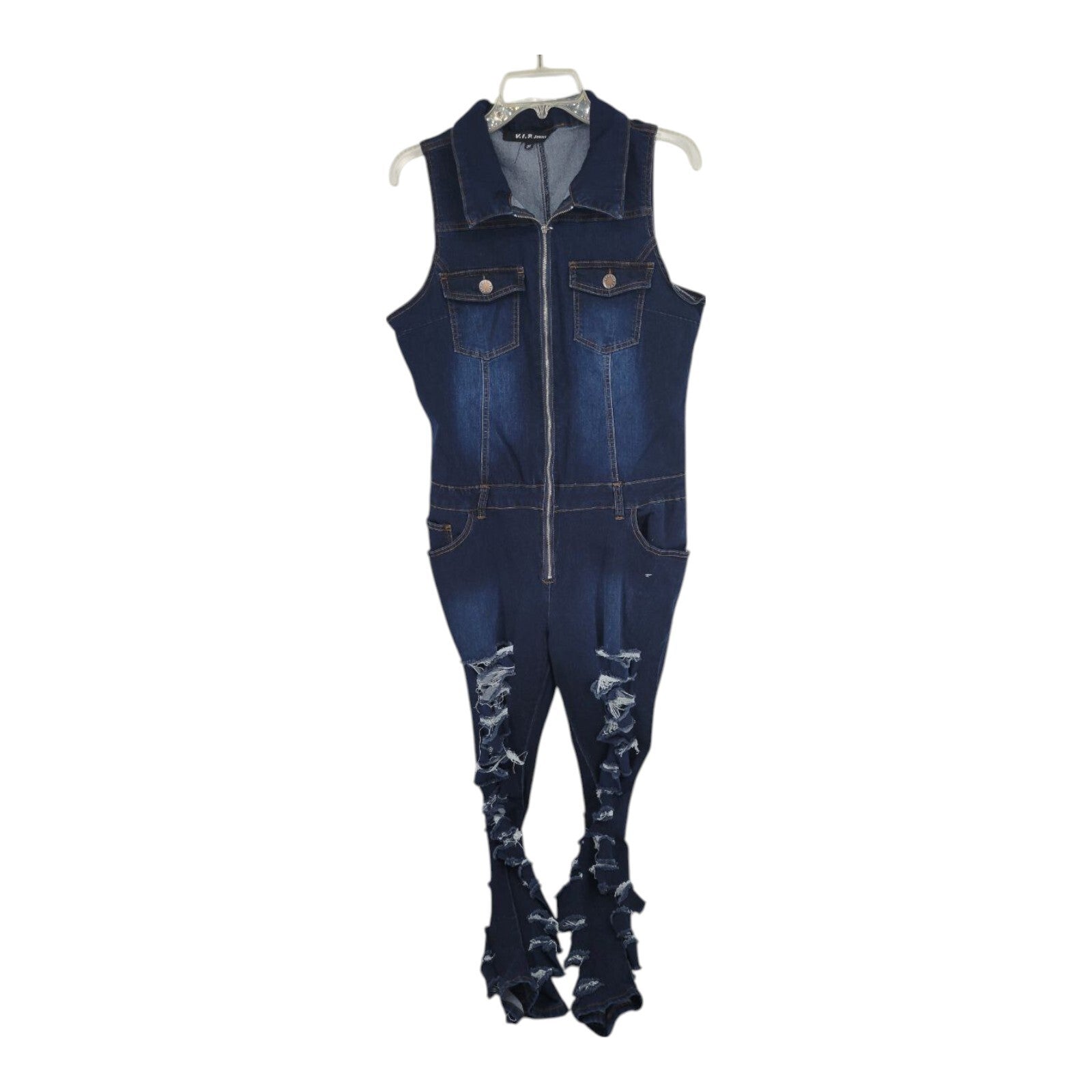 VIP Jeans Skinny Sleeveless Zip Up Blue Distressed Denim Jumpsuit 3X