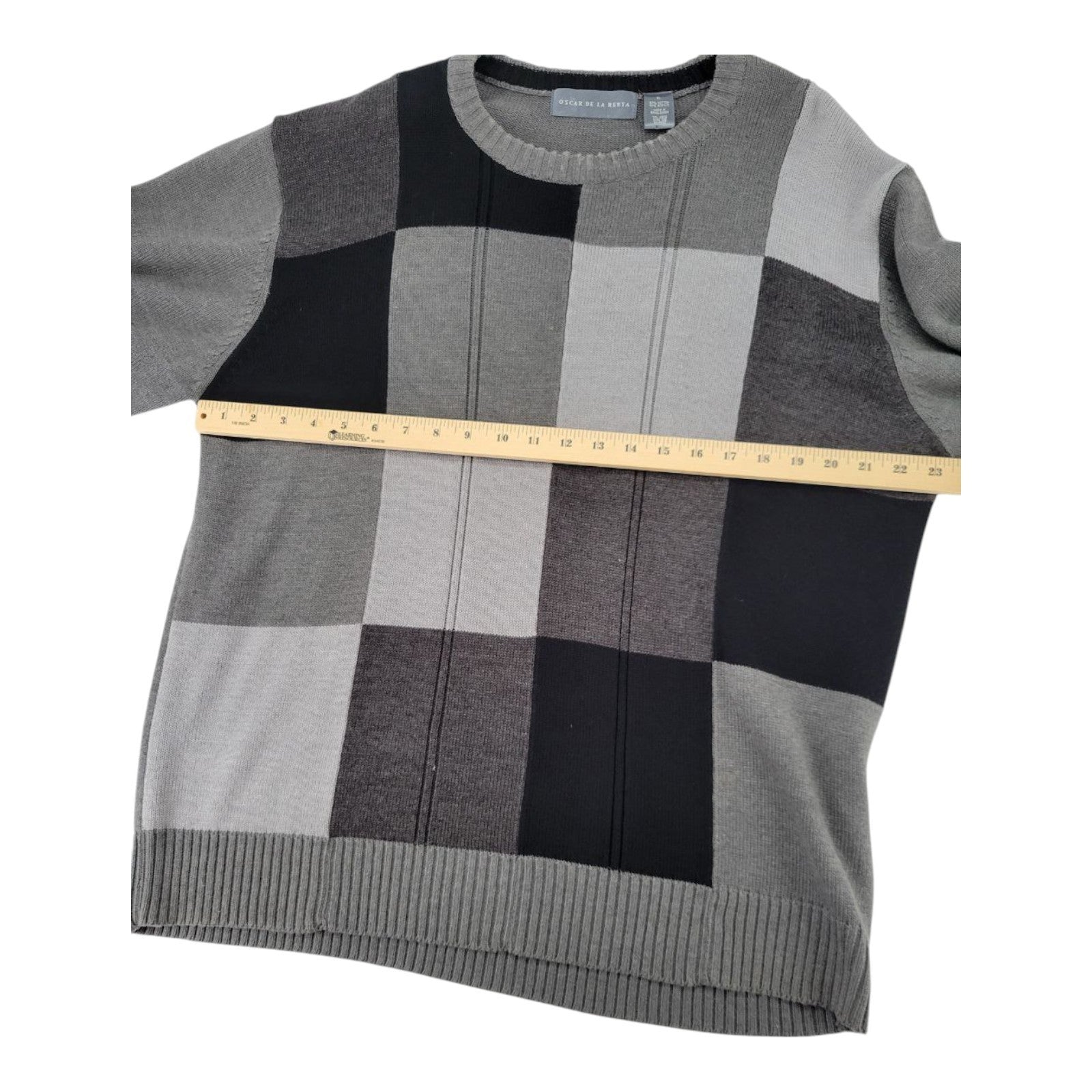 Oscar de la Renta Color Block Knit Sweater Gray Black Crewneck Pullover XL