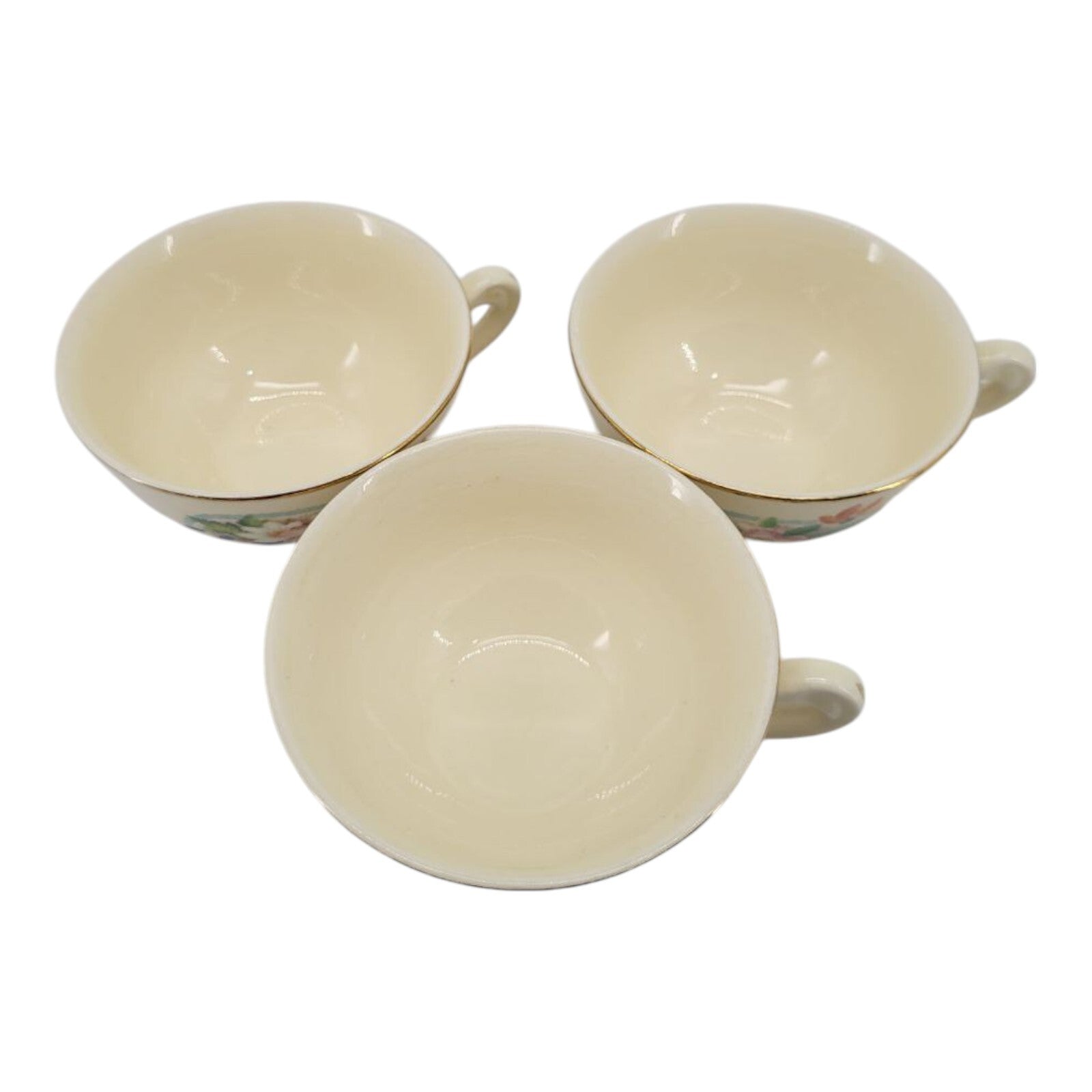 Vintage Floral Ivory Ceramic Teacups Set of 3 with Gold Rim Hand Painted