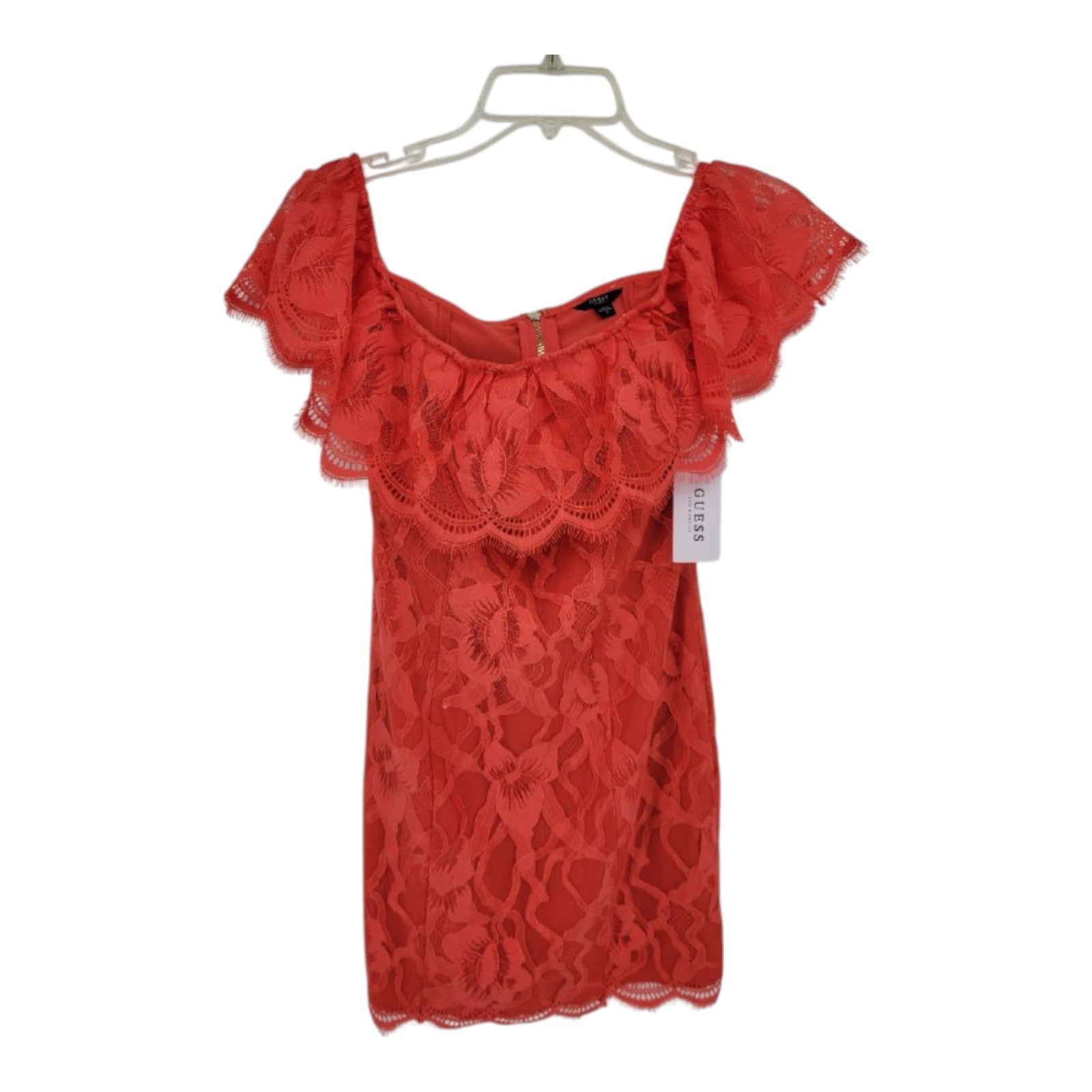 GUESS Women's Francine Off Shoulder Dress Red Lace Ruffle Hem Size 2