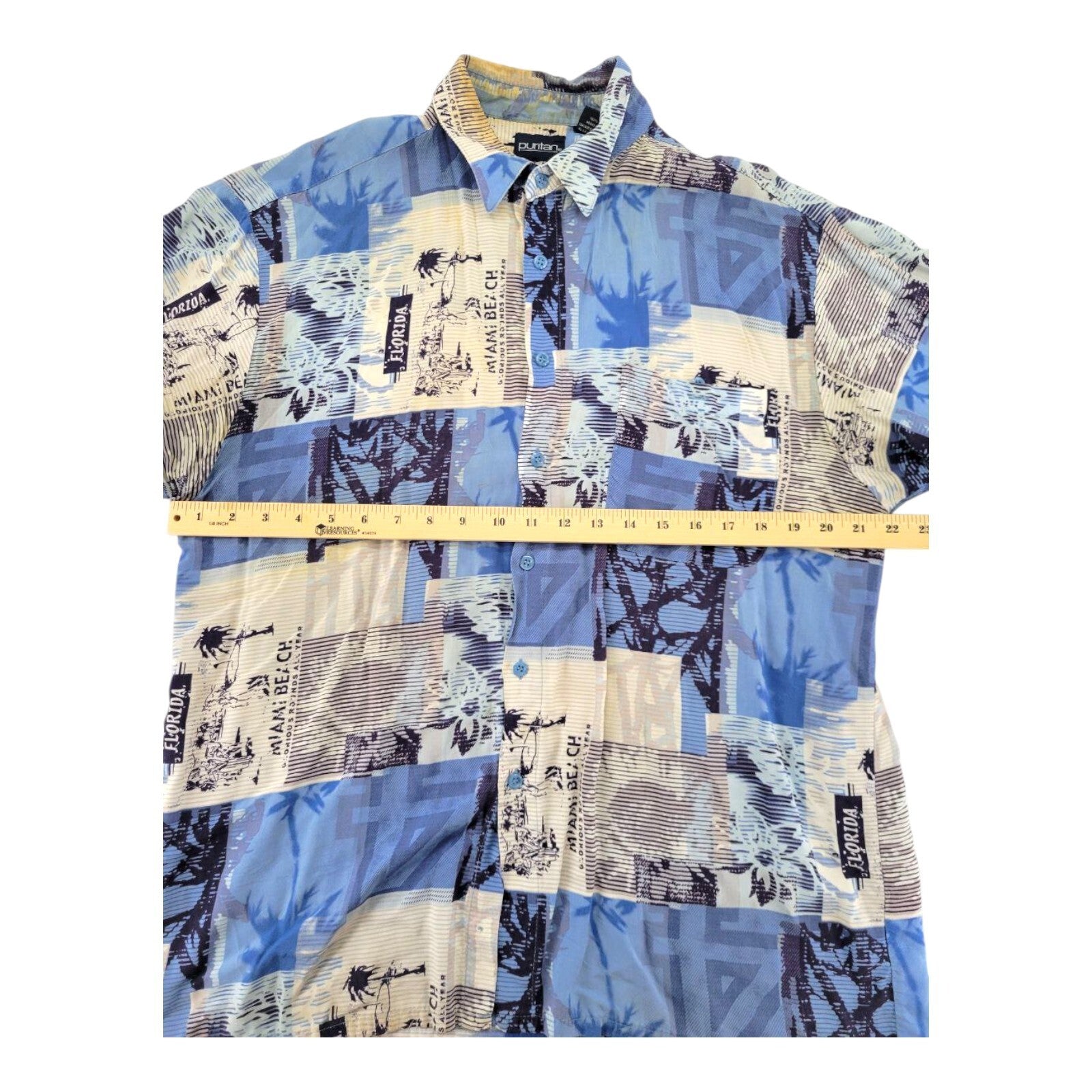 Puritan Blue Hawaiian Shirt Mens Rayon Miami Beach Vintage Vibes Size Large