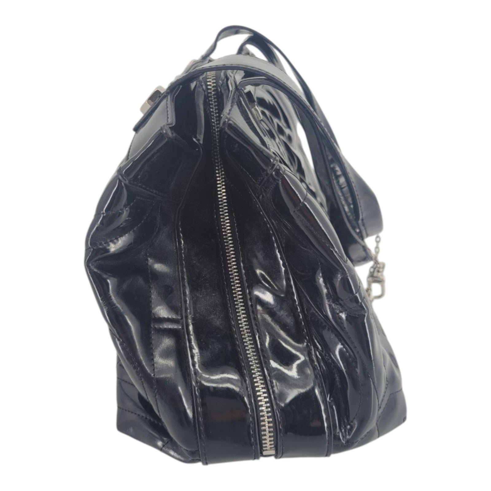 DKNY Black Patent Leather Logo Satchel Shoulder Bag Handbag Purse