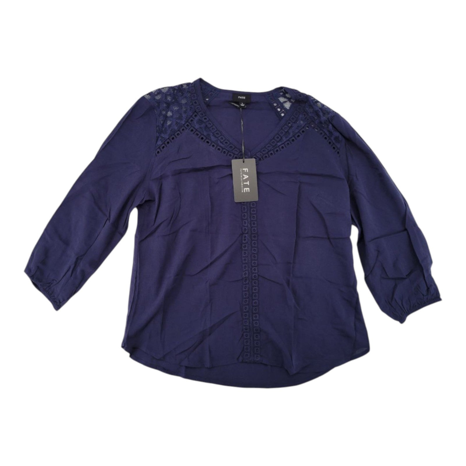 FATE Women's Navy Blouse Large 3/4 Sleeve Top Crochet Lace Trim
