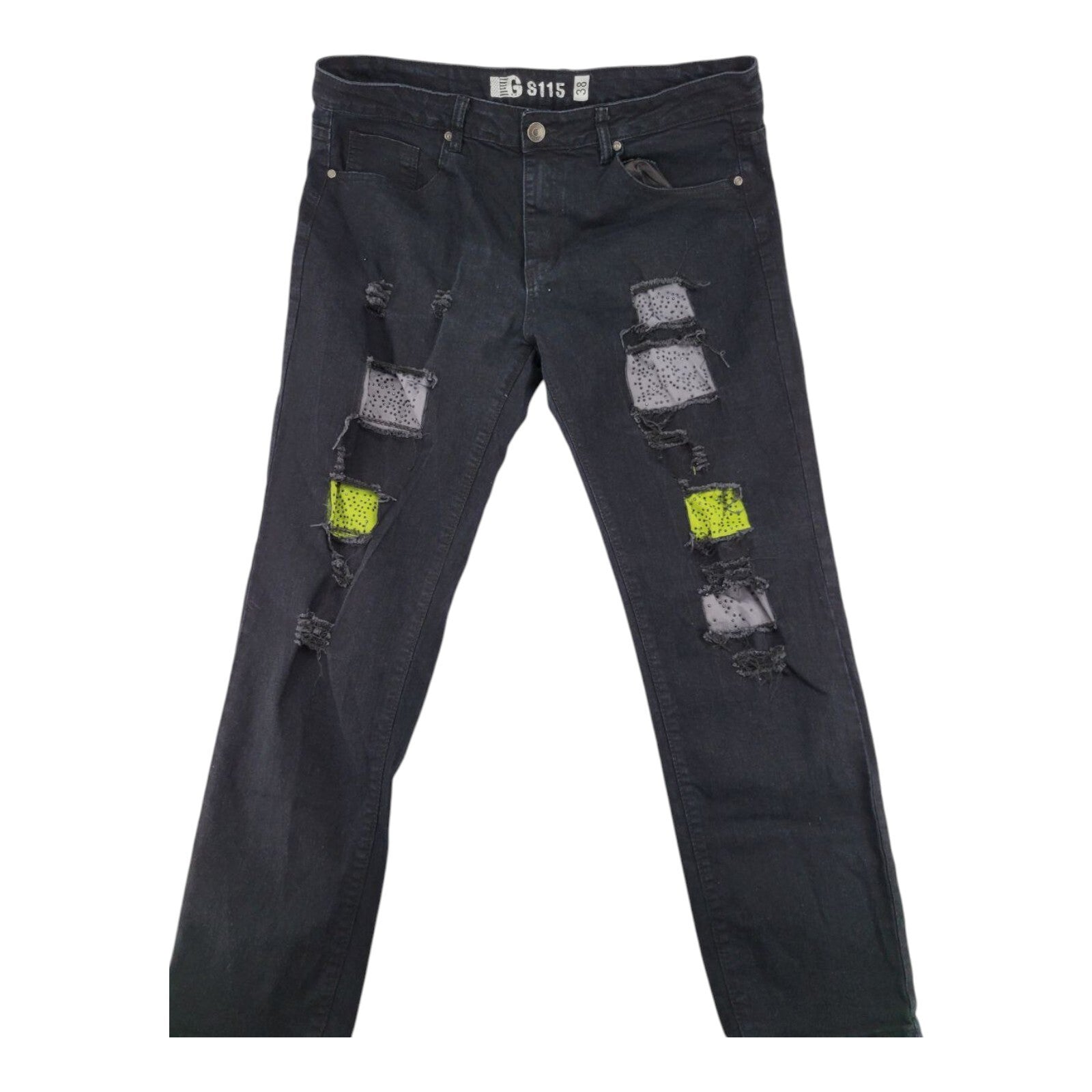 GS115 Black Distressed Denim Jeans Neon Patchwork Stud Detail Mens Size 38