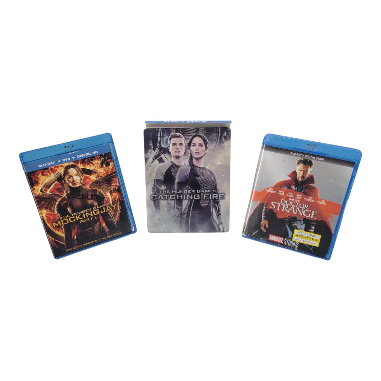 Hunger Games Mocking Jay Catching Fire and Doctor Strange 3 Blu Ray Bundle