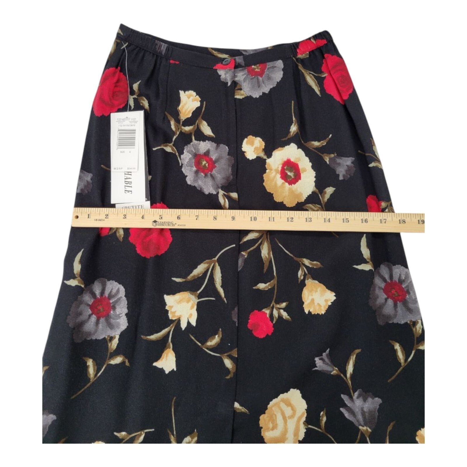 Sag Harbor Petite Black Floral A-Line Midi Skirt Rayon Crepe Size 6