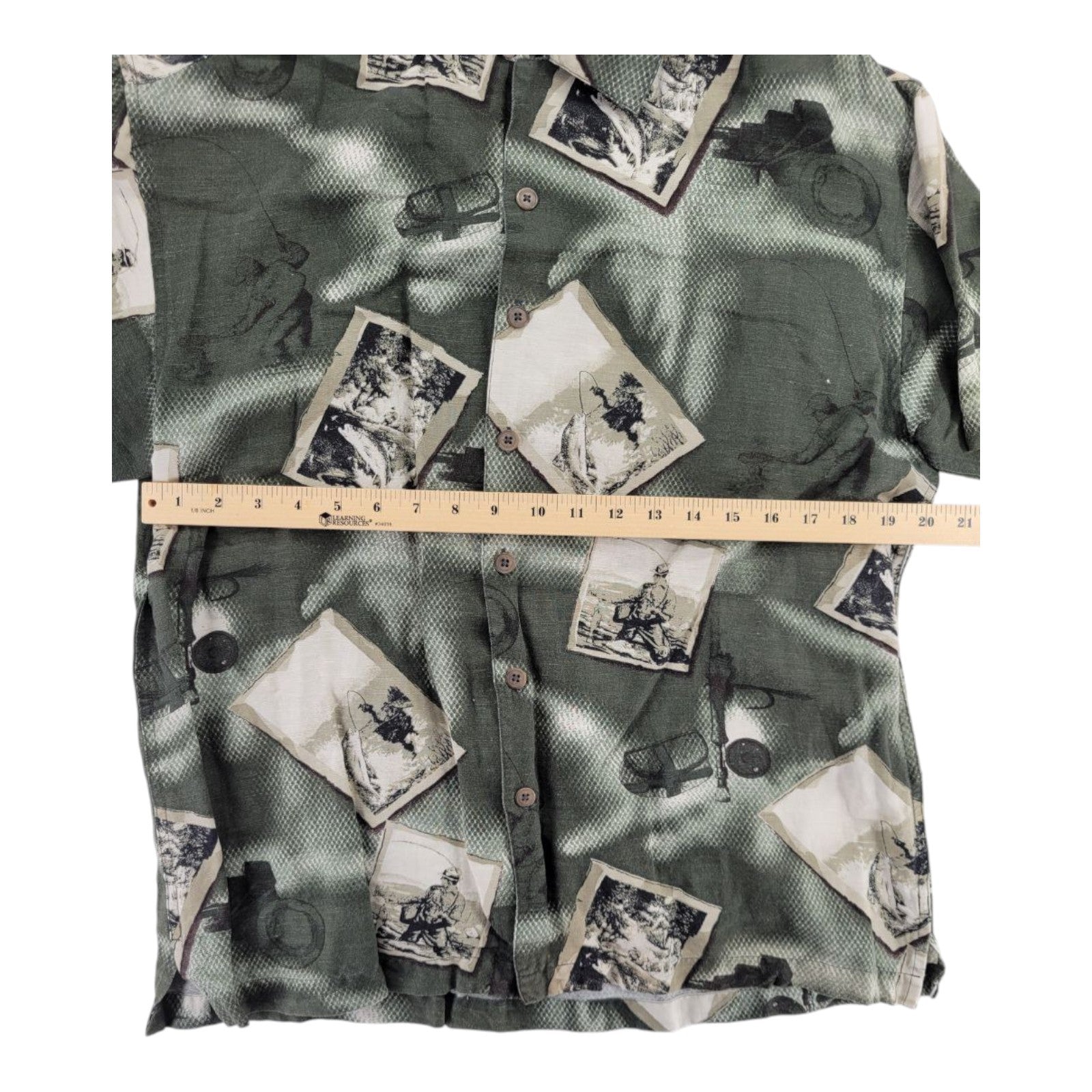 Field & Stream Fishing Print Button Front Shirt Green Linen Blend Men's M