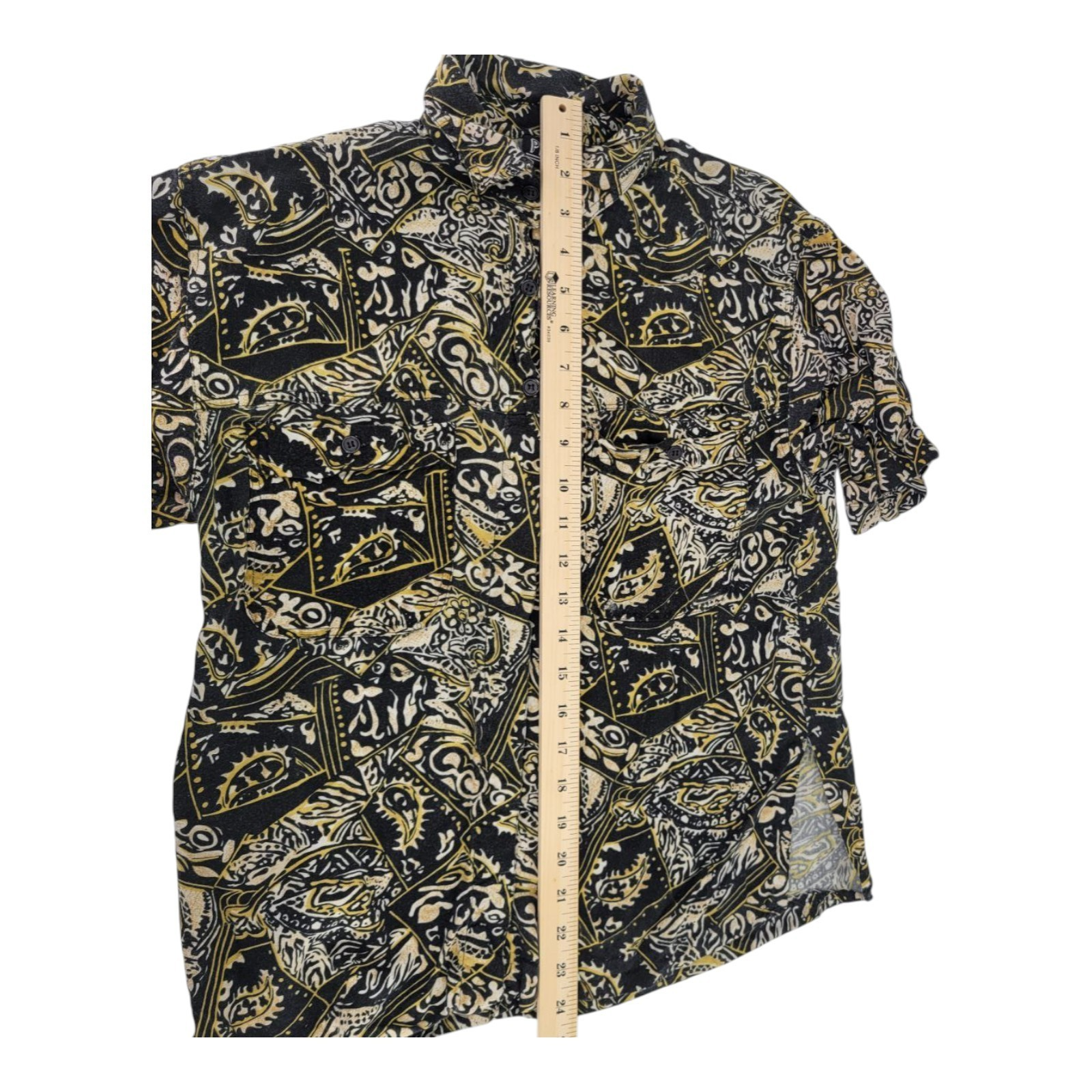 PIOKO Men's Black Yellow Abstract Pattern Rayon Button Shirt Size M