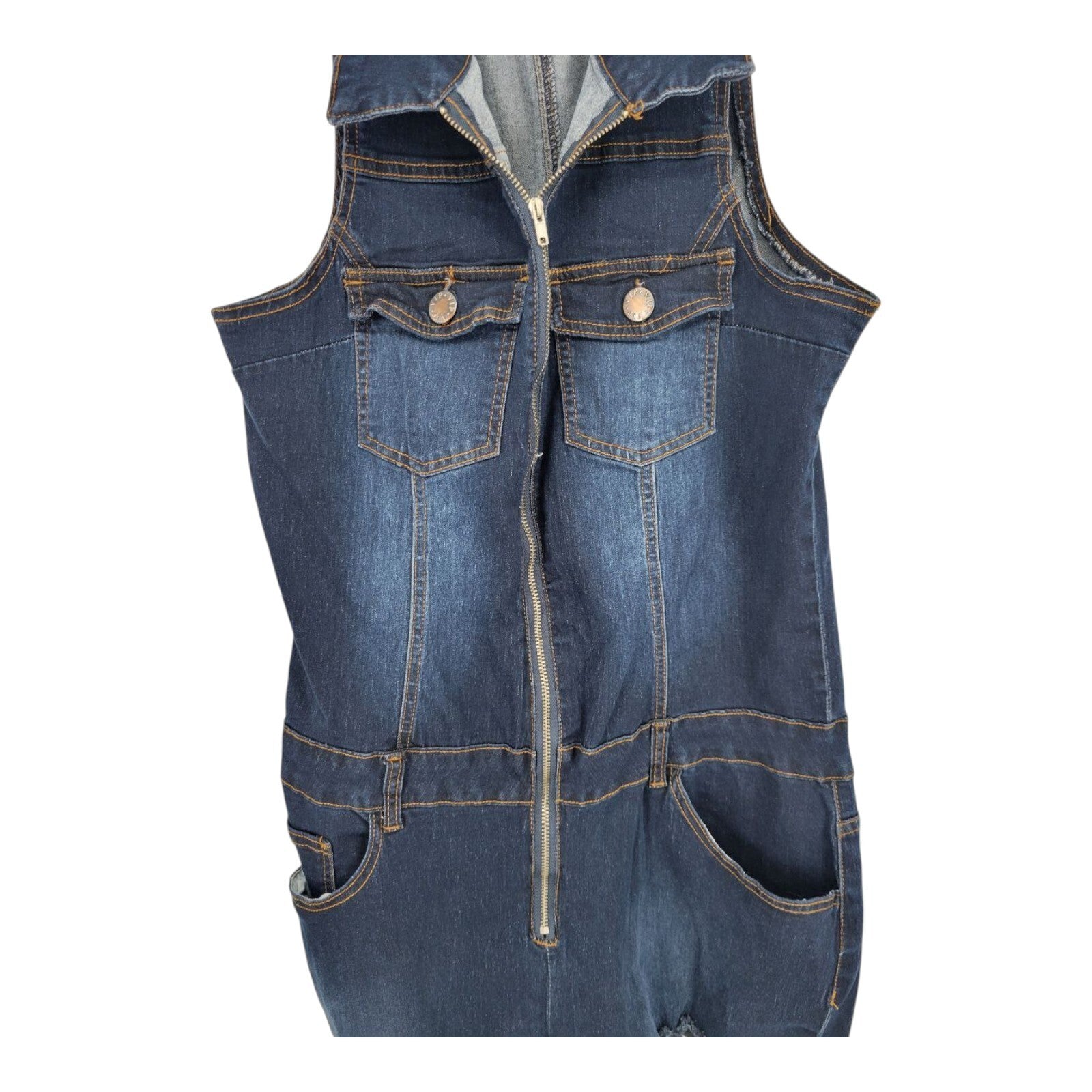 VIP Jeans Skinny Sleeveless Zip Up Blue Distressed Denim Jumpsuit 1X