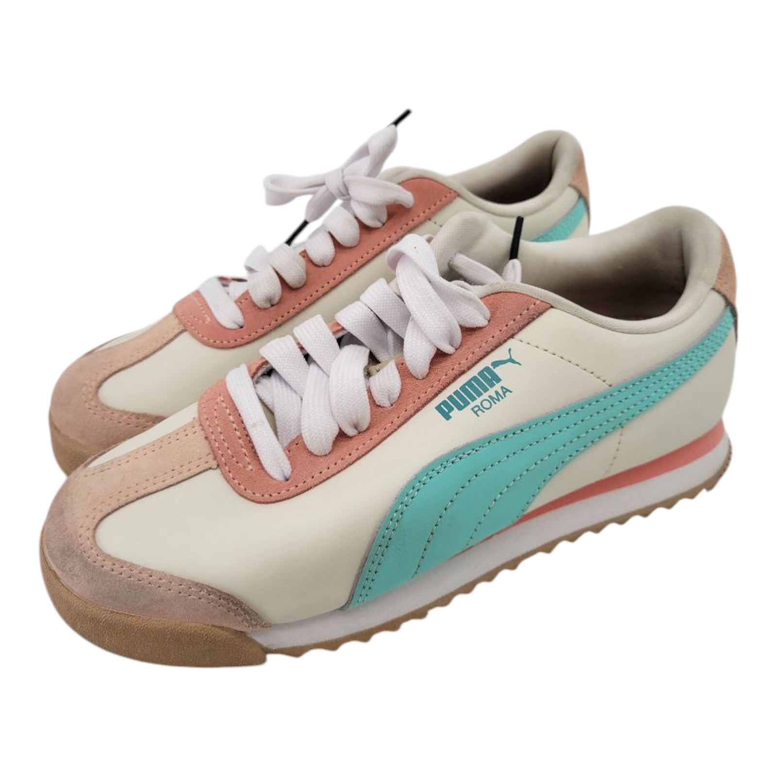 Puma Roma Womens Sneakers Cream Aqua Pink Leather Suede Size 7.5 Style 392702-01