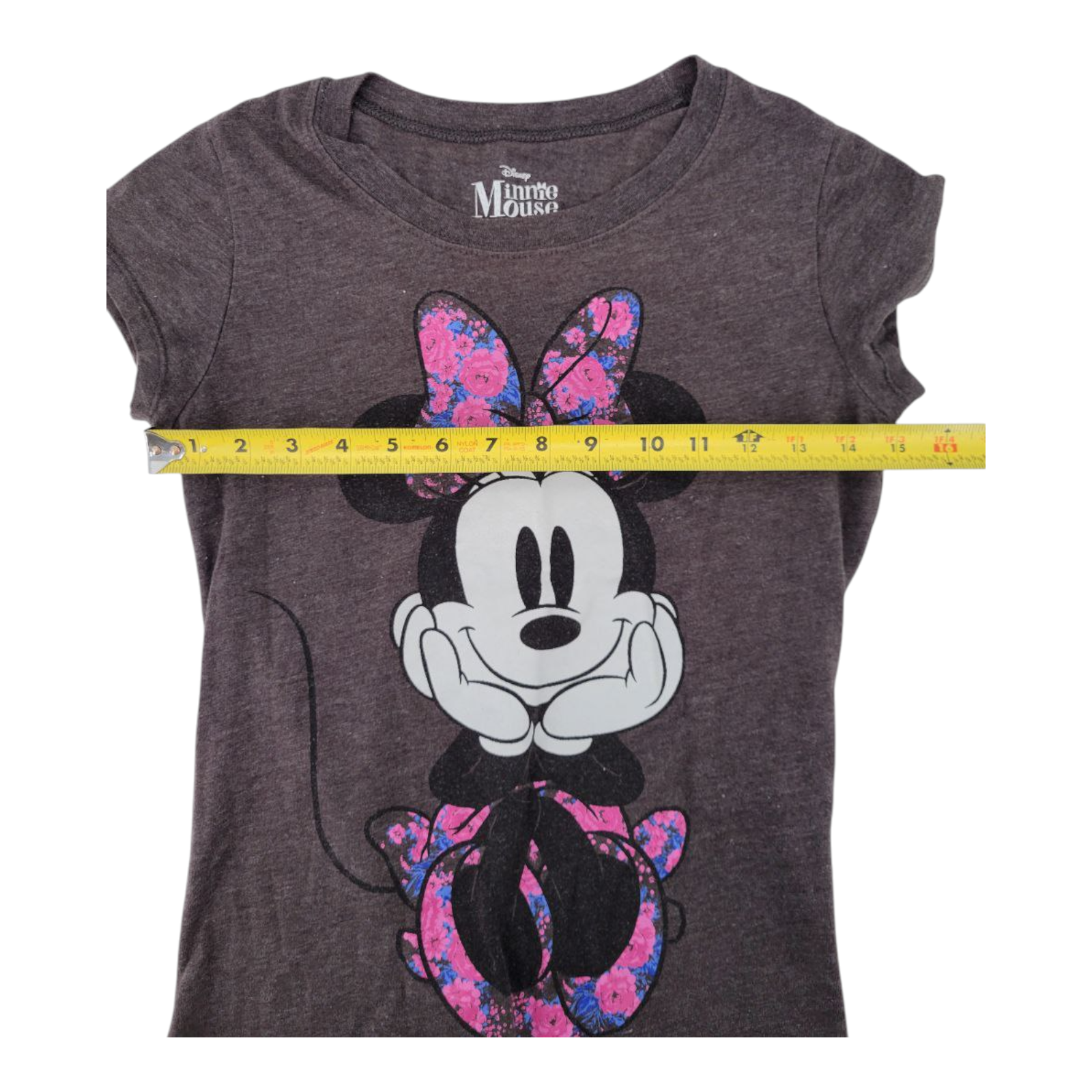 Disney Minnie Mouse Girls T-Shirt Gray Floral Bow Short Sleeves Size Medium