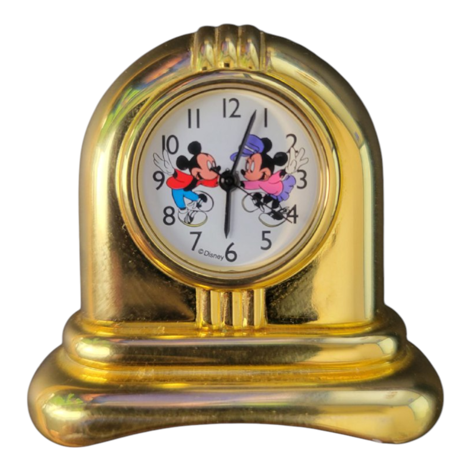Disney Mickey Mouse Minnie 2" Miniature Mantle Radio Clock Gold Tone Sock Hop