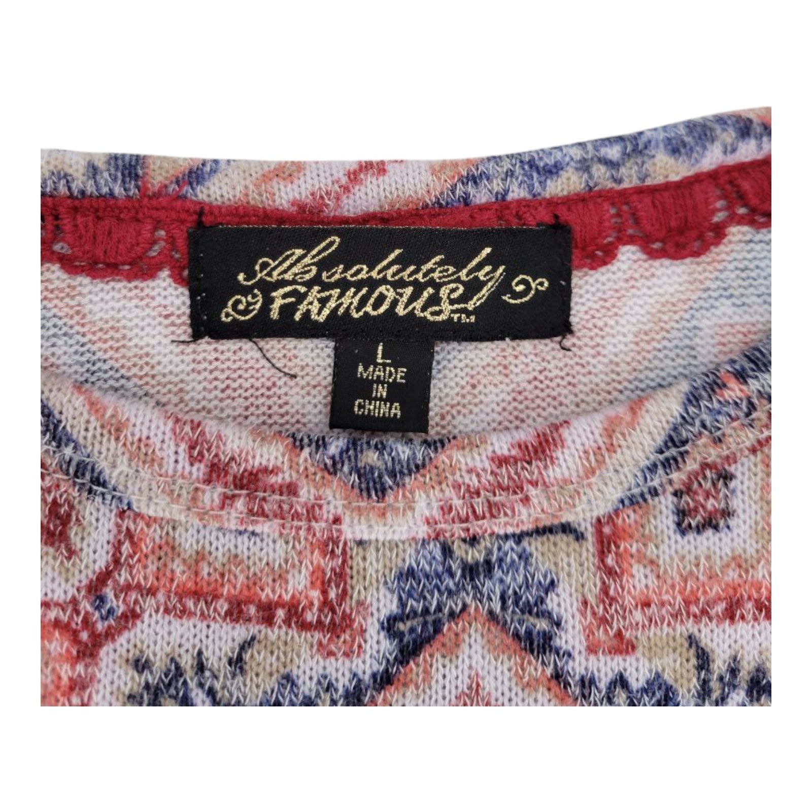 Absolutely Famous Women's L Chevron Knit Top Red Lace Shoulder Detail