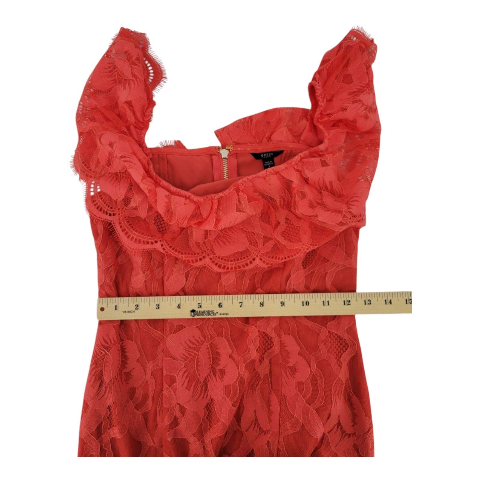 GUESS Women's Francine Off Shoulder Dress Red Lace Ruffle Hem Size 2
