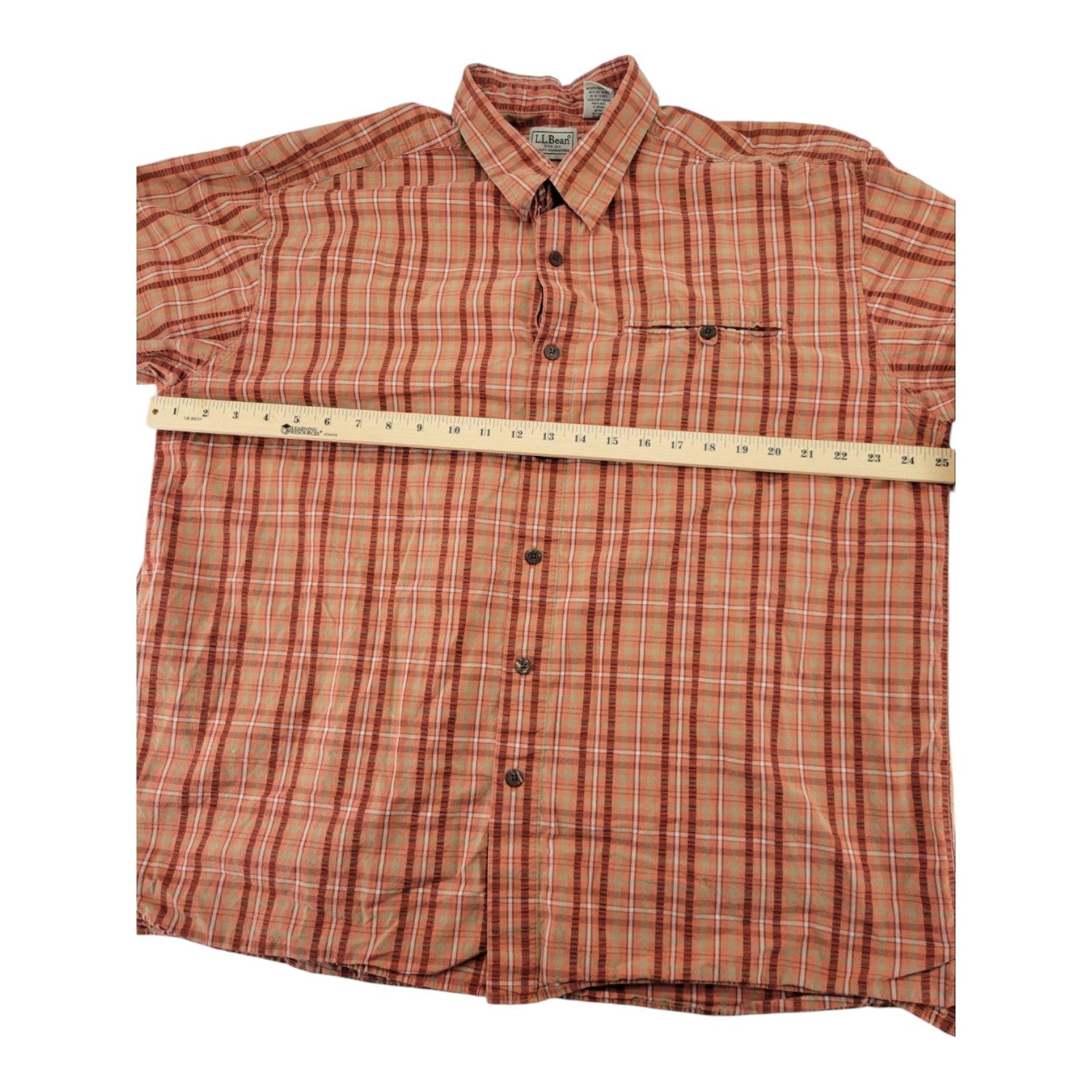 L.L. Bean Men's XL Plaid Shirt Orange Short Sleeve Button Front Cotton