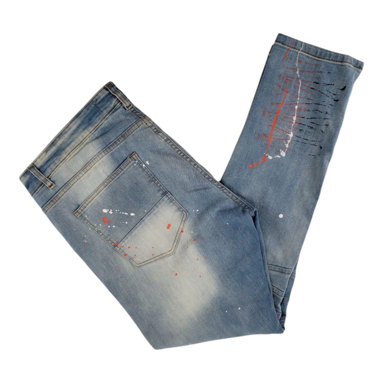 Focus Jeans Mens Paint Splatter Moto Biker Denim Pants Distressed Style 32L