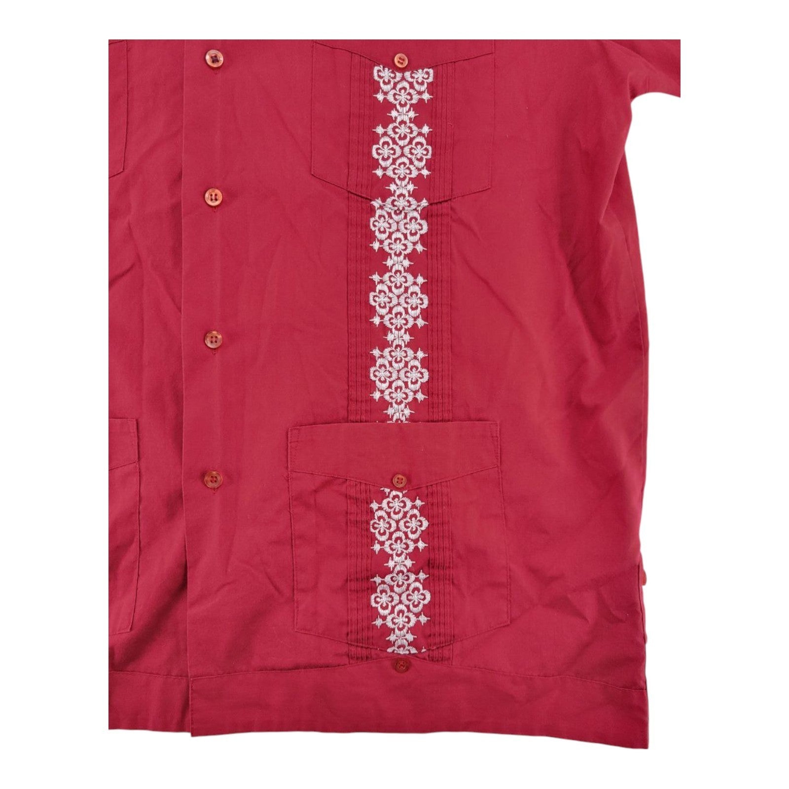 Guayabera by Haband Red Embroidered Short Sleeve Shirt Size L Cuba Style