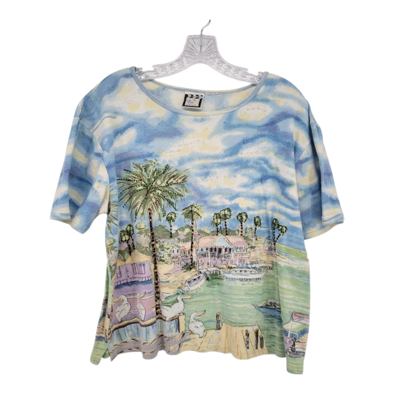 Take Two Clothing Co Coastal Village Beaded Womens Short Sleeve Top L