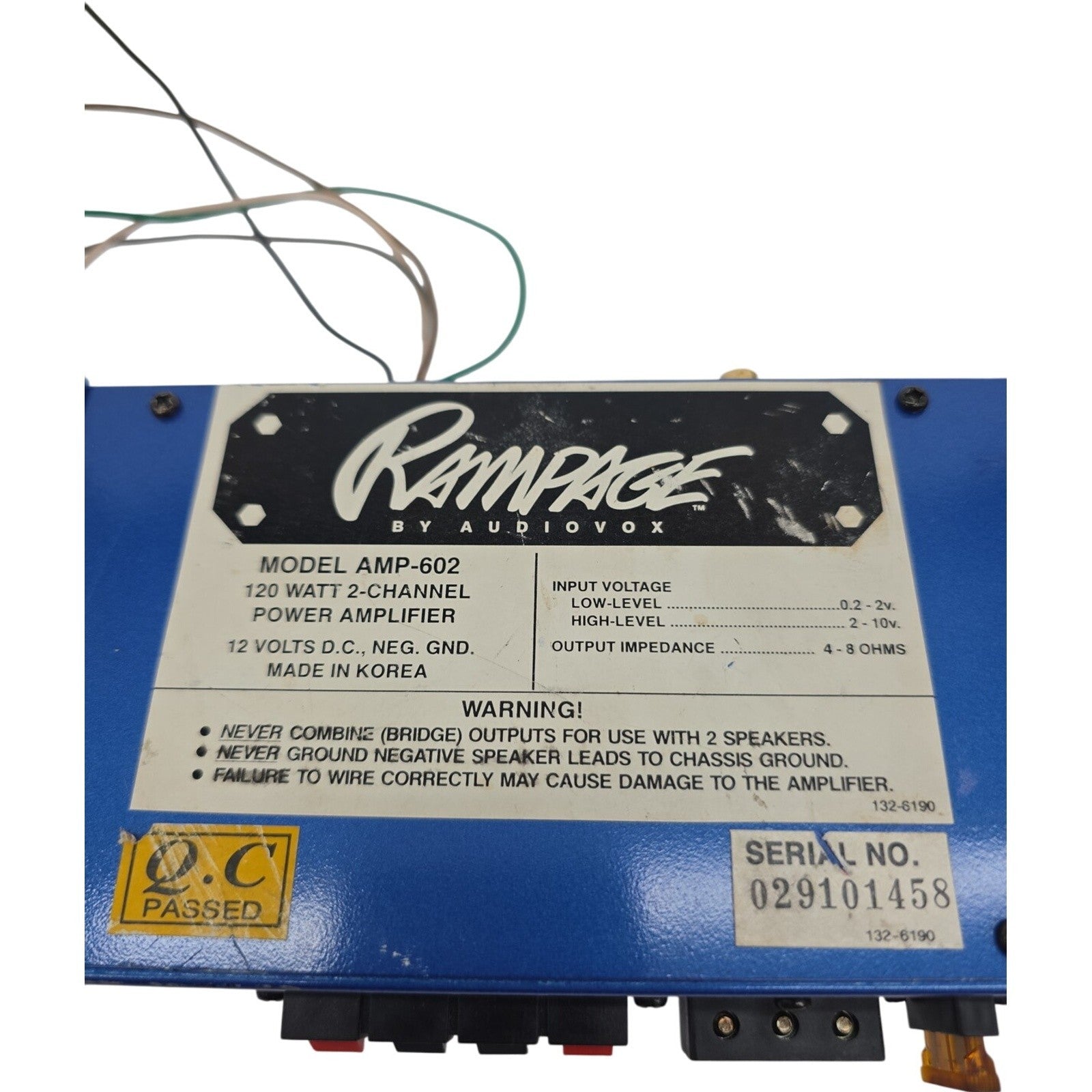 Rampage by Audiovox AMP-602 120W 2-Channel Car Power Amplifier Made in Korea