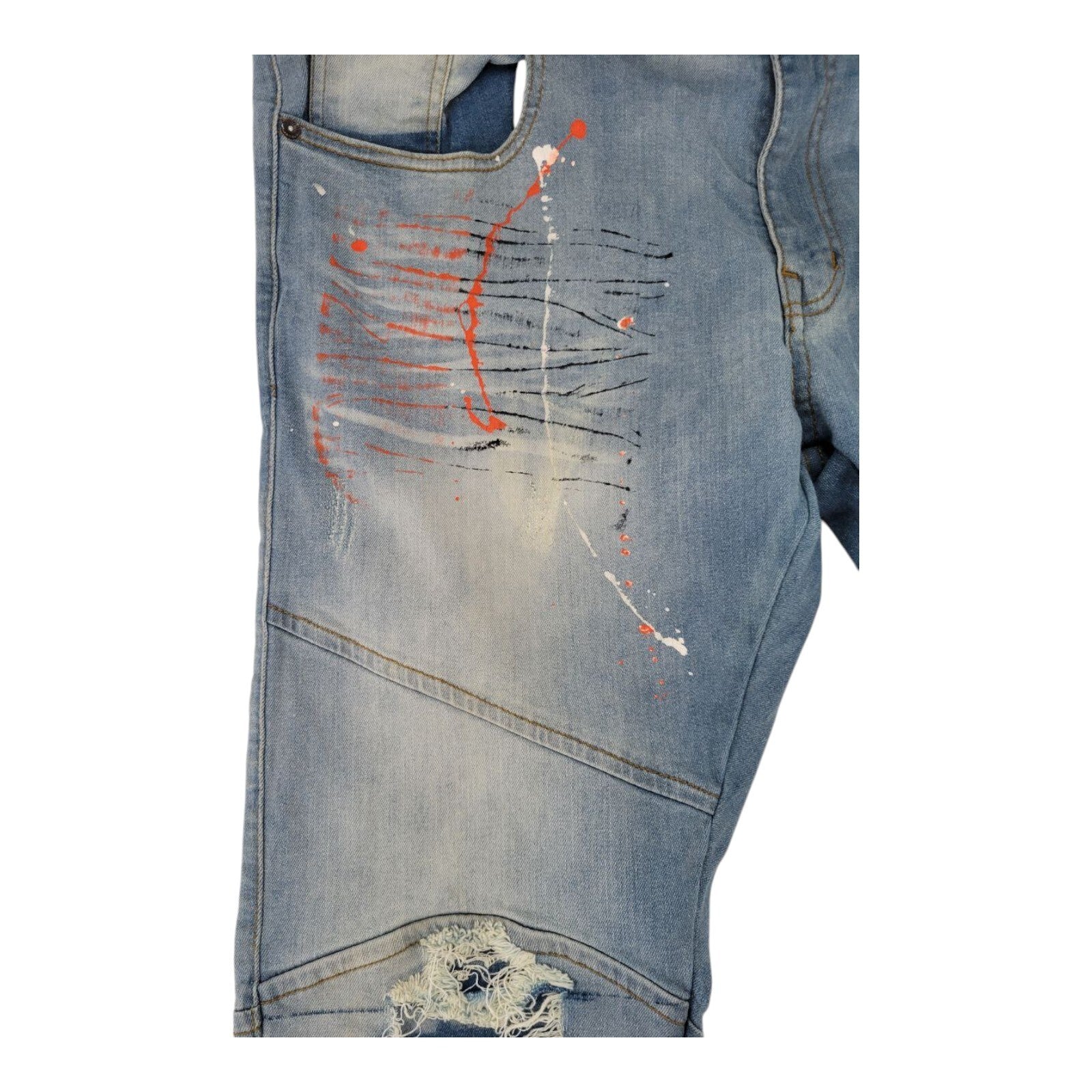Focus Jeans Mens Paint Splatter Moto Biker Denim Pants Distressed Style 32L