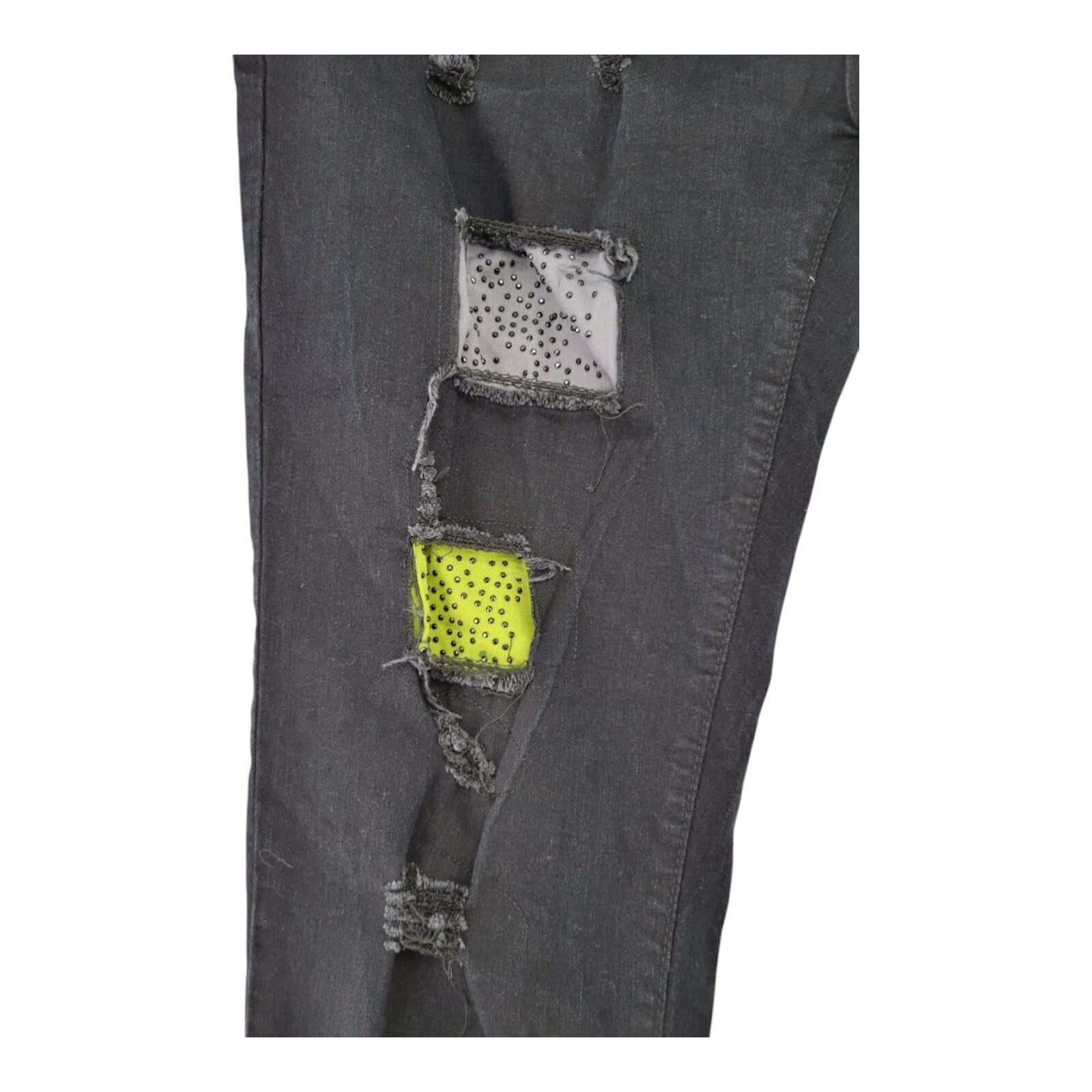 GS115 Black Distressed Denim Jeans Neon Patchwork Stud Detail Mens Size 38