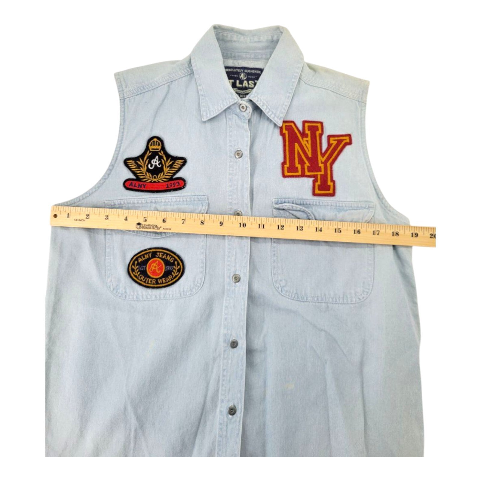 At Last ALNY Jeans NY Patch Denim Sleeveless Button Shirt Size M