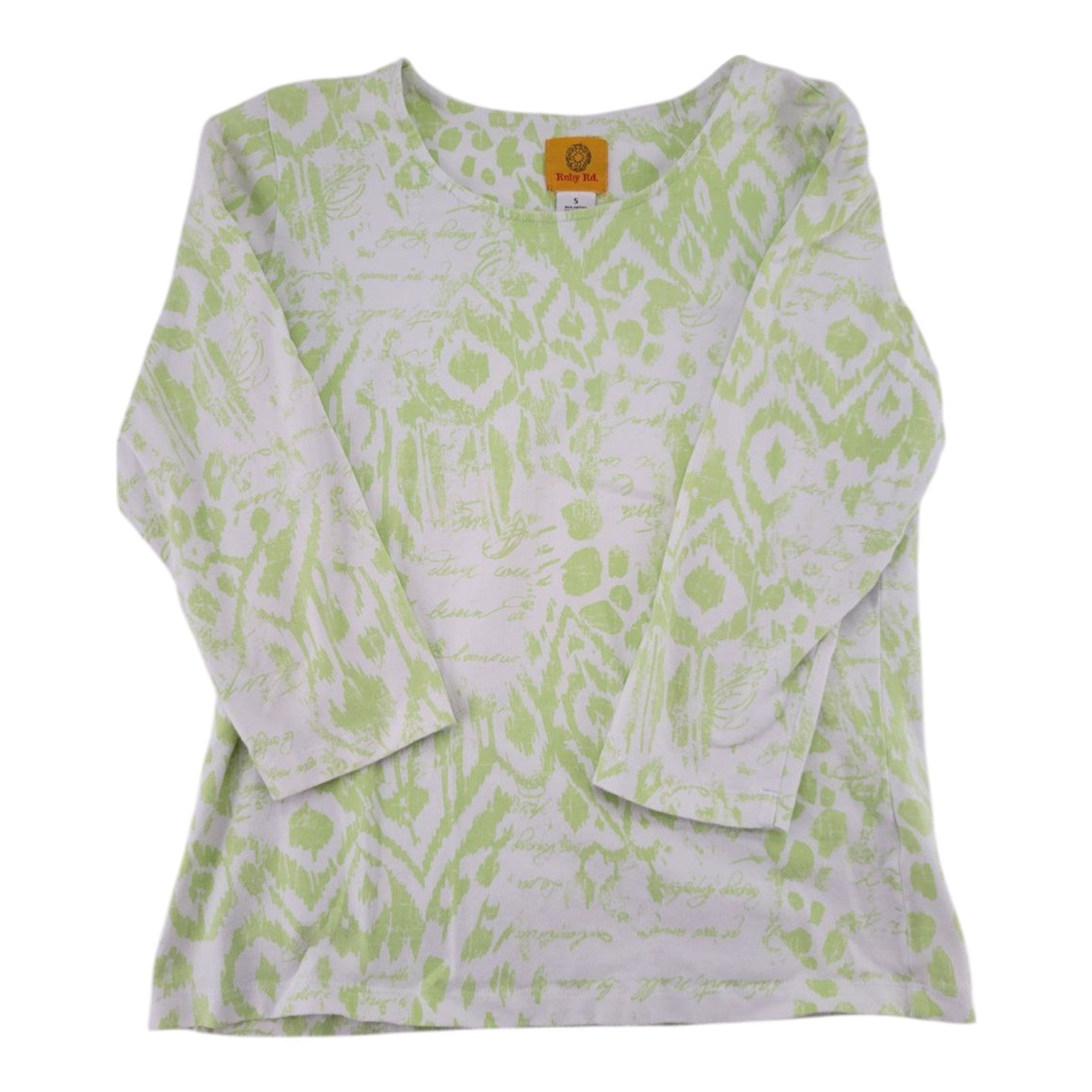 Ruby Rd Lime Green White Abstract Print 3/4 Sleeve Stretch Womens Top Small