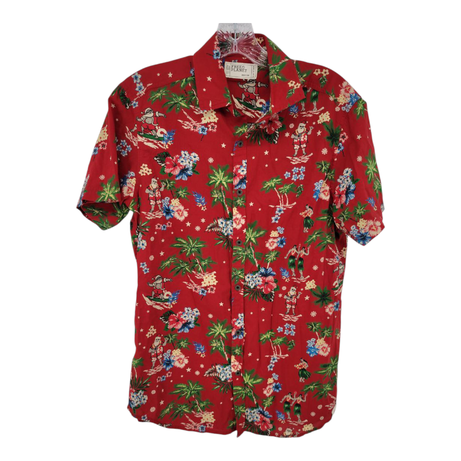 Free Planet Hawaiian Shirt Red Santa Surfing Christmas Aloha Beach Mens Size M