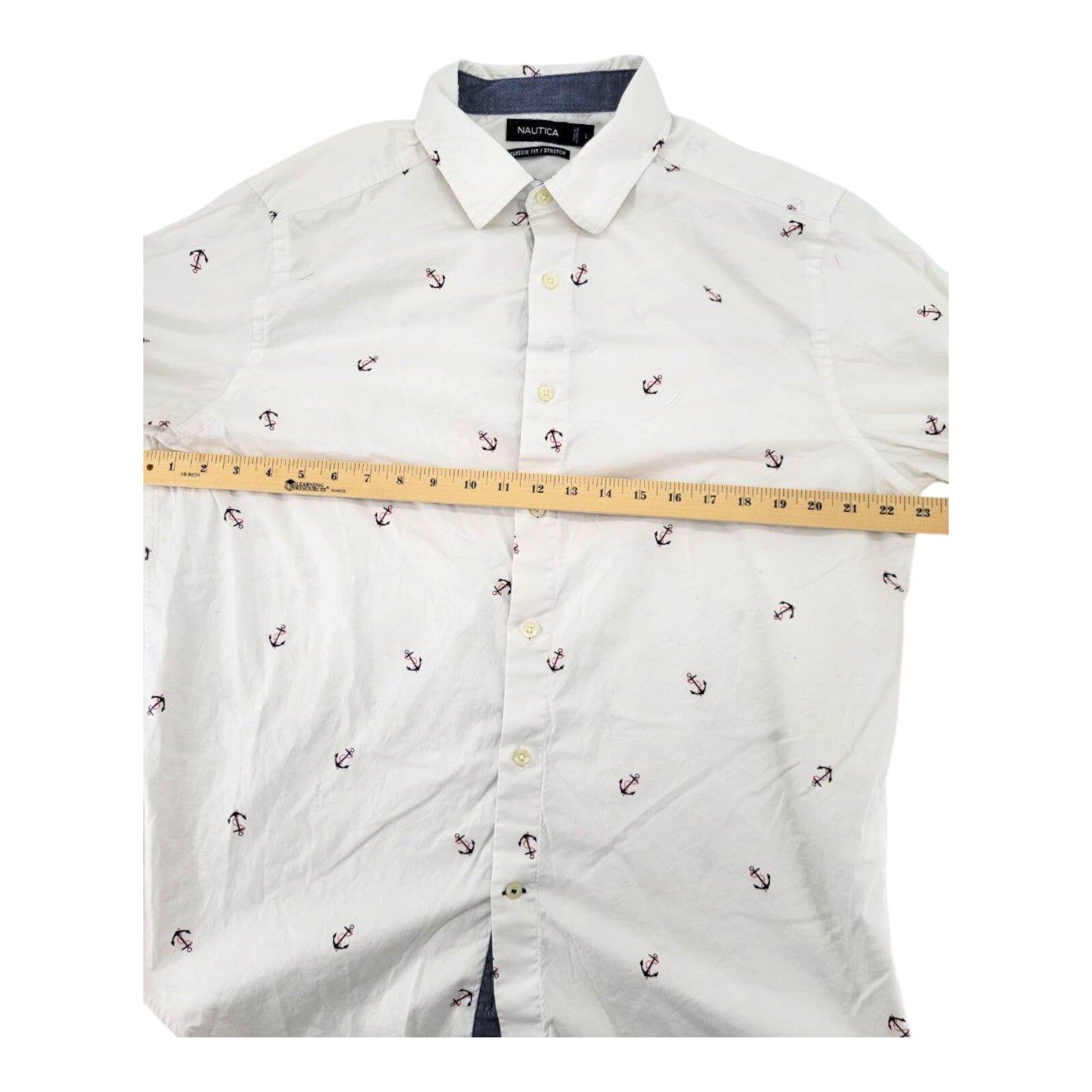 Nautica Classic Fit Stretch Anchor Print Button Up Shirt White Size Large